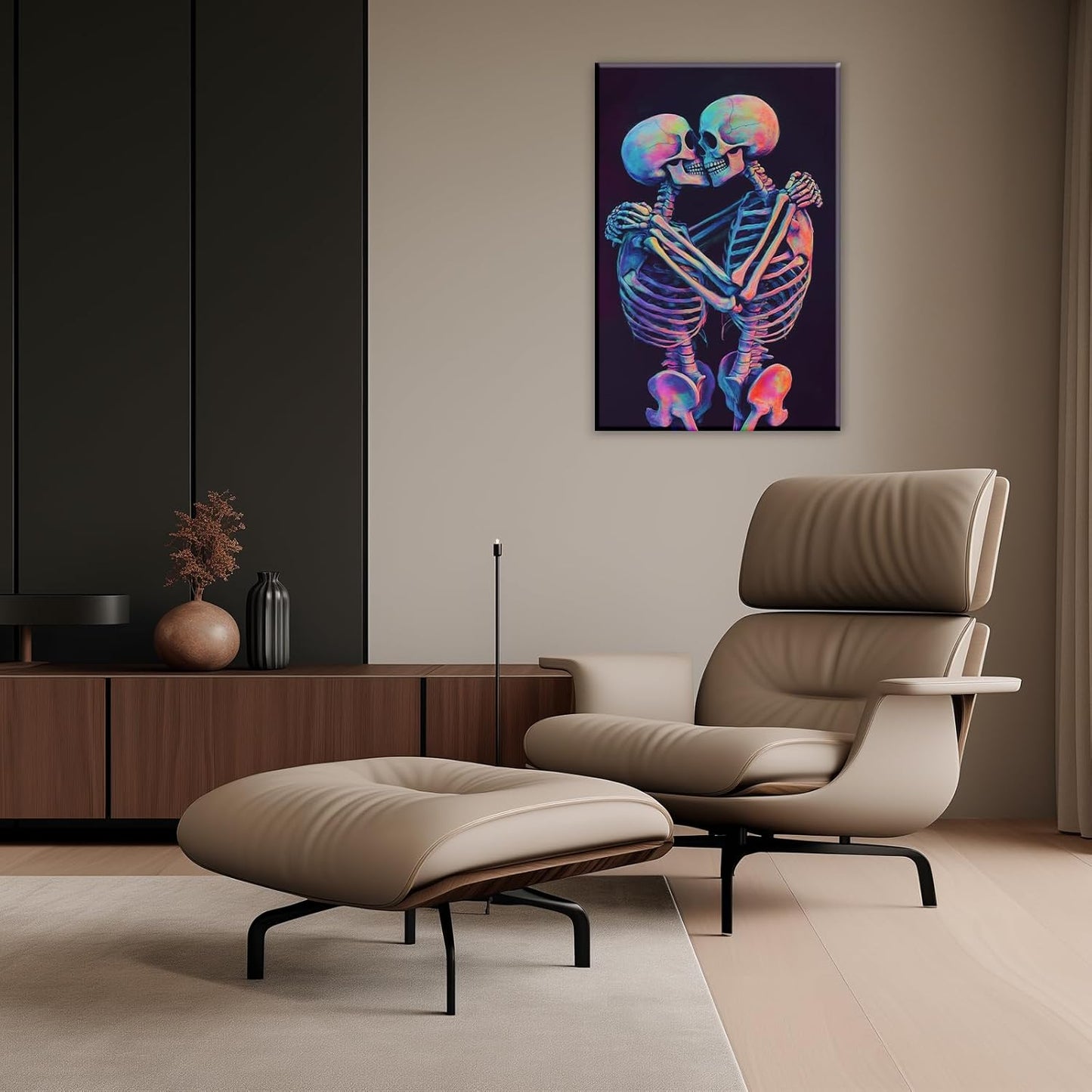 Skeleton Wall Art Kissing Skull Art Poster Skeleton Lover Picture Print On Canvas Abstract Horrible Theme Painting Framed Artwork Living Room Decor(Artwork-3,28"x42")