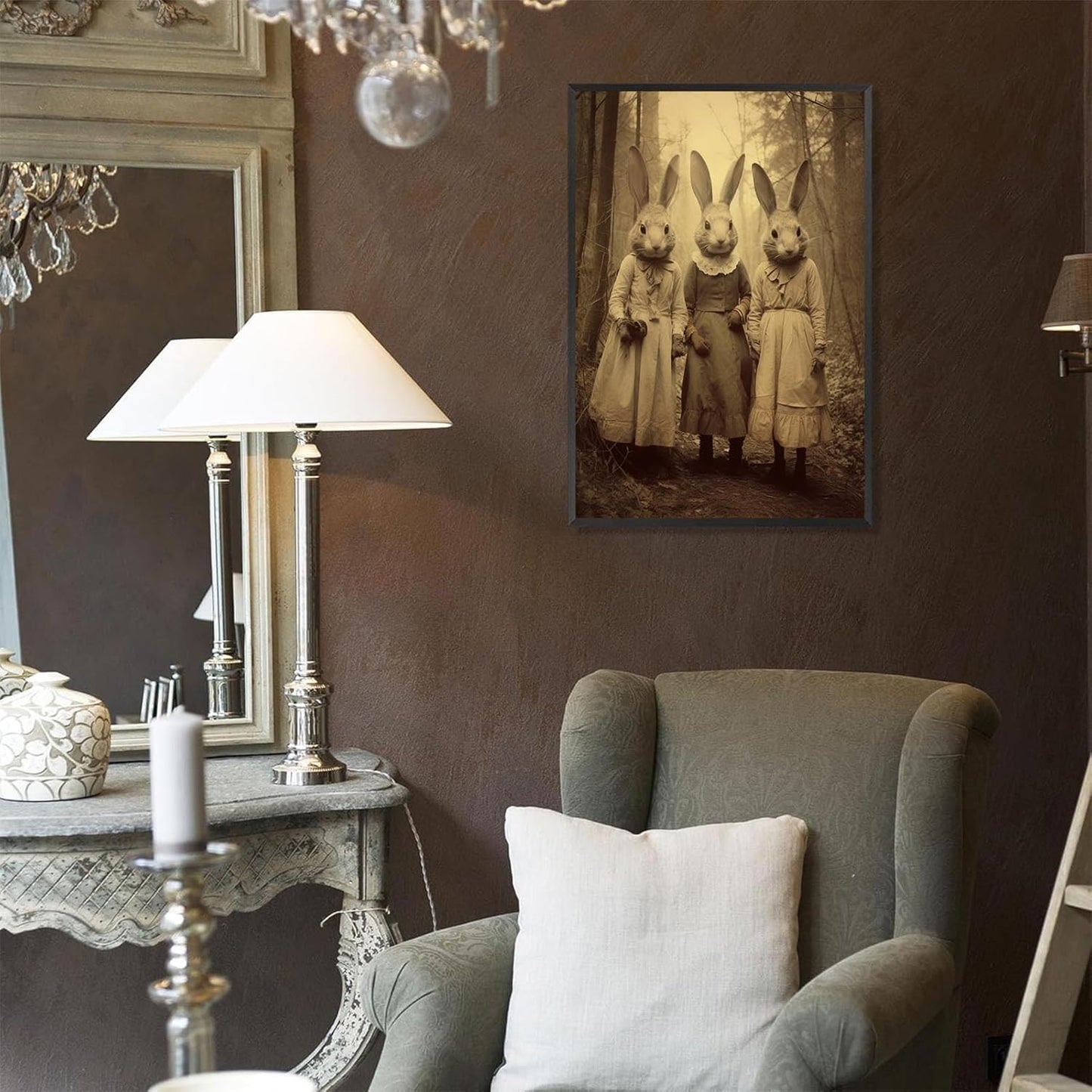 Vintage Horror Spooky Three Rabbits In Occult Forest Spooky Canvas Wall Art Poster Gothic Dark Academia Decorations Room Creepy Print Retro Halloween Wall Decor 12X16inch Aluminum Framed