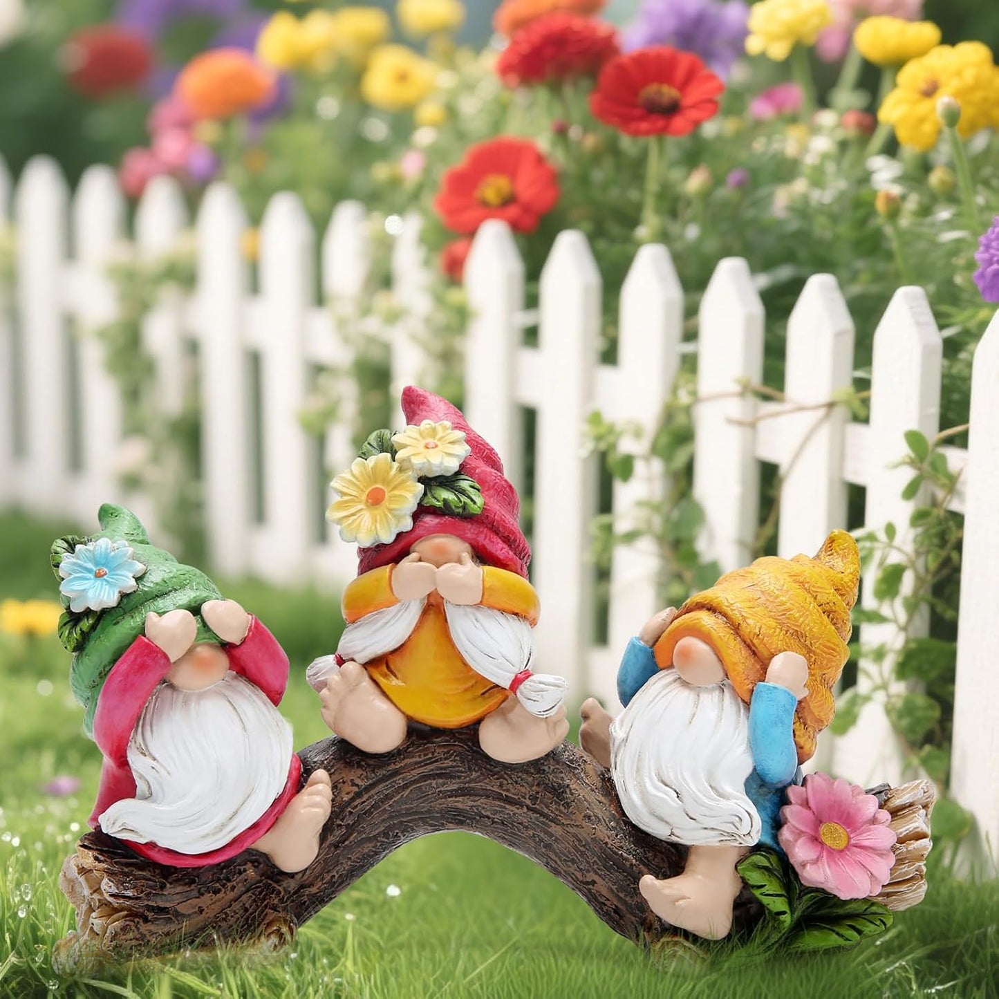 Hodao Spring Hear-No, See-No, Speak-No Gnomes Figurines Decorations Outdoor Flower Gnome Ornaments Decor for Home Table, Garden Yard, Flower Bed Summer Garden Gifts Decor for Mom
