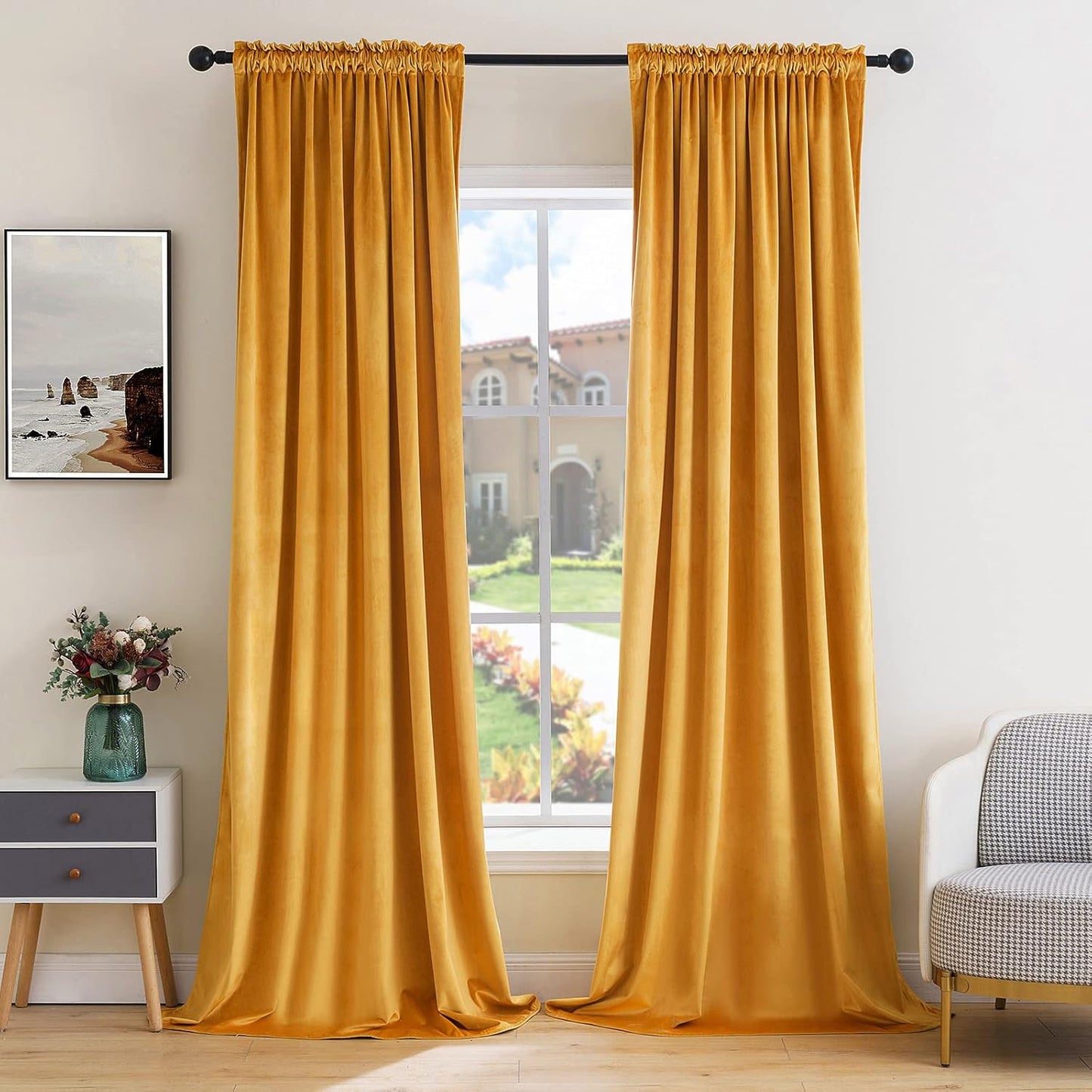 MIULEE Mustard Yellow Velvet Curtains Thermal Insulated Blackout Curtain Fall Drapes for Bedroom Living Room Darkening 96 Inches Long Curtains Panels Rod Pocket Set of 2