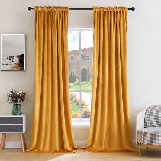 MIULEE Mustard Yellow Velvet Curtains Thermal Insulated Blackout Curtain Fall Drapes for Bedroom Living Room Darkening 90 Inches Long Curtains Panels Rod Pocket Set of 2