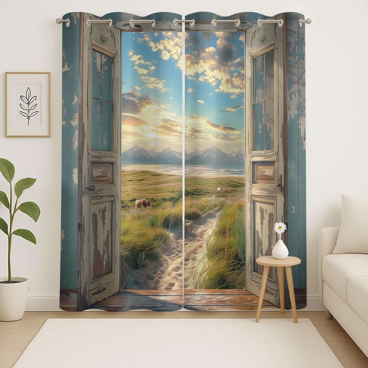 Landscape Blackout Curtains for Girls Boys Home Decor, Cow Sunset Grassland Mountain Natural Scenery Grommet Thermal Insulated Drapes Darkening Window Curtain for Bedroom Living Room, 72 x 63 Inch