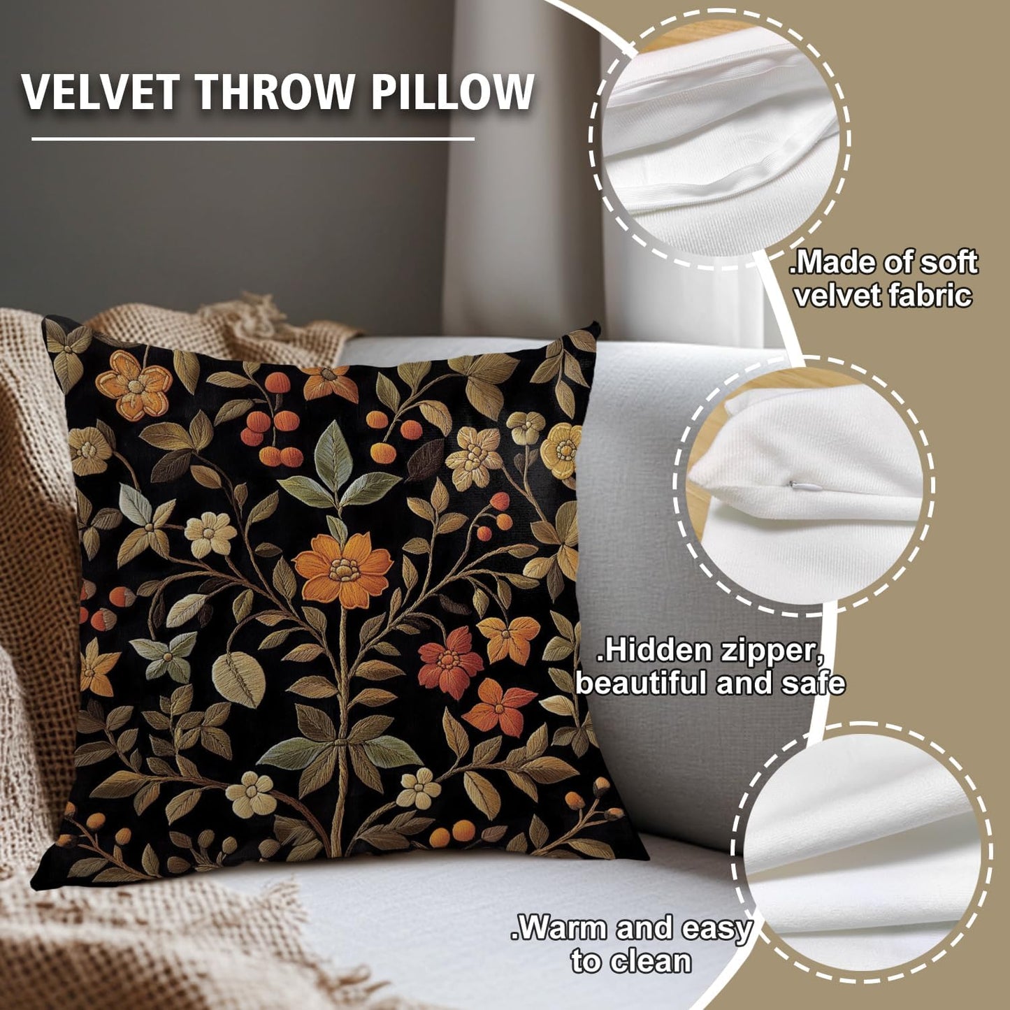 William Morris Abstract Vintage Print Floral Velvet Design Throw Pillow Covers Home Decor, Retro Art Deco Pillowcase Cushion Cover for Bed Sofa Living Room, Square 18x18inch (Black-Floral)