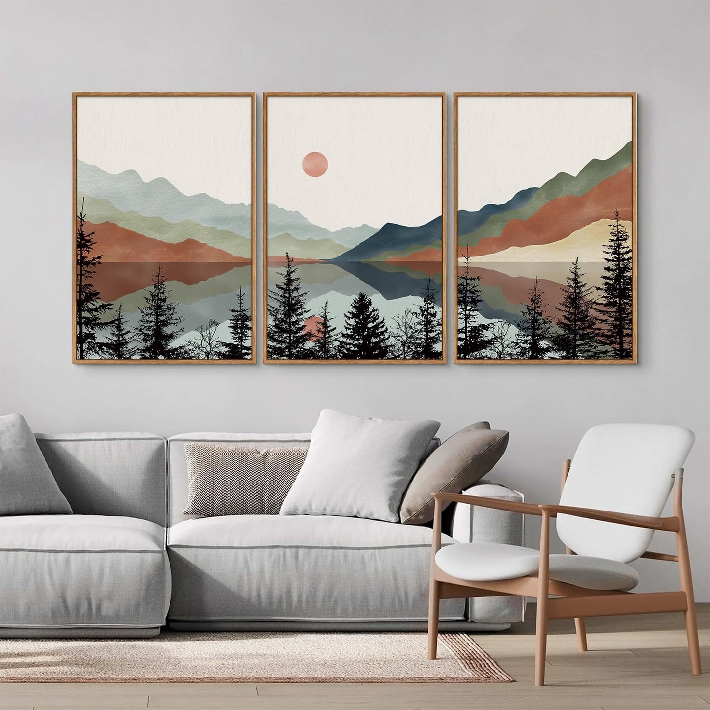 Tinonedraw Boho Mountain Framed Canvas Wall Art Set, Watercolor Nature Landscape Wall Decor, Black Pine Forest Artwork, Modern Sunrise Art Prints for Living Room, Bedroom, Office 16"x24"x3