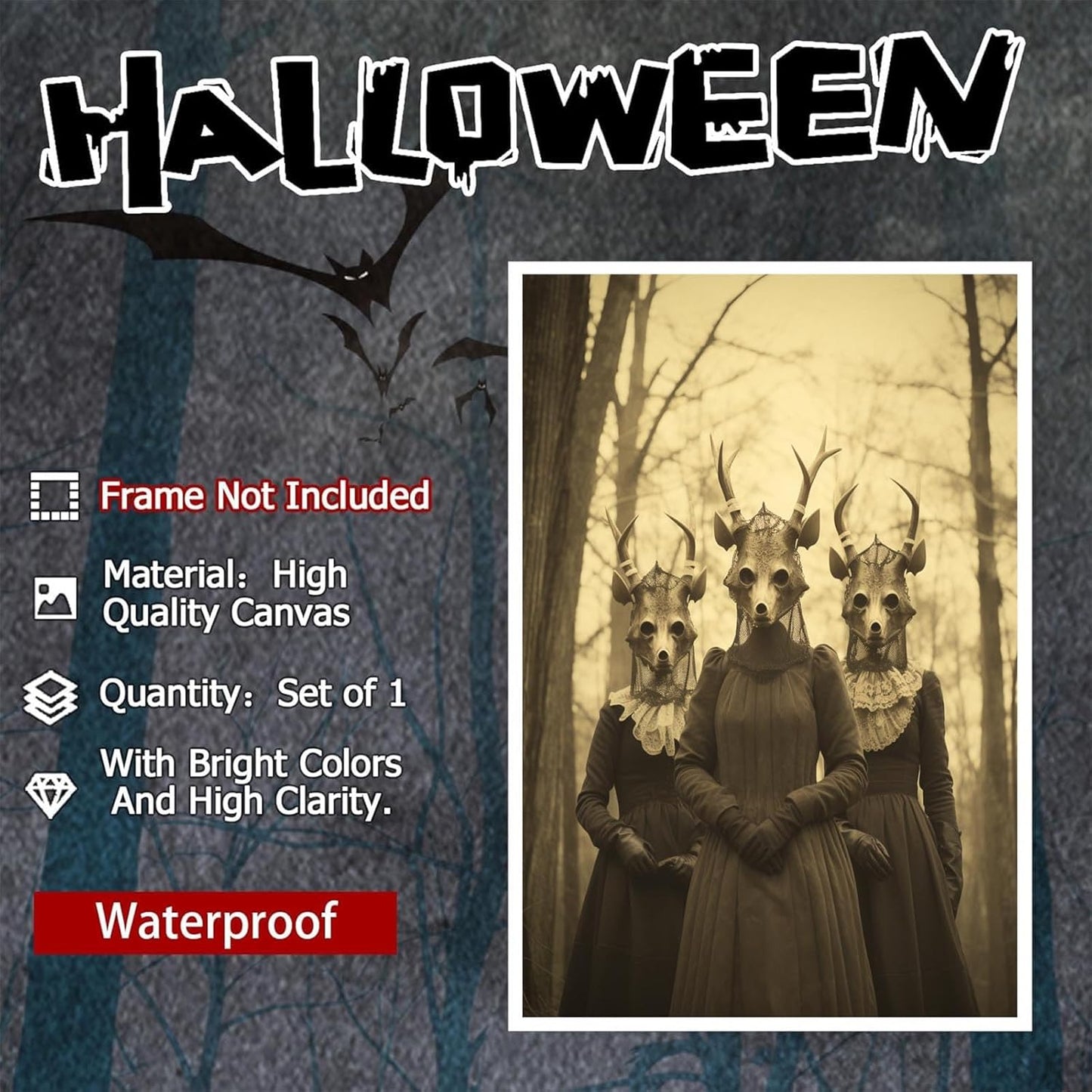 Vintage Horror Skeleton Spooky Three Skull In Occult Forest Posters Canvas Wall Art Poster Gothic Dark Academia Decor Creepy Print Retro Halloween Wall Decor 12X16inch Unframed