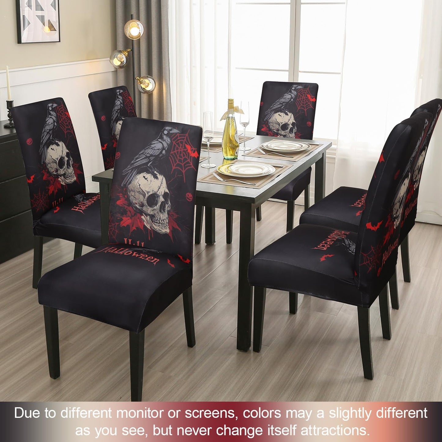 JQinHome Black Halloween Chair Slipcover,Skull Chair Covers Set of 6, High Stretch Washable Chair Protector Cover for Dining Room, Kitchen,Home Party,Wedding Ceremony(Skull Black,6PC)