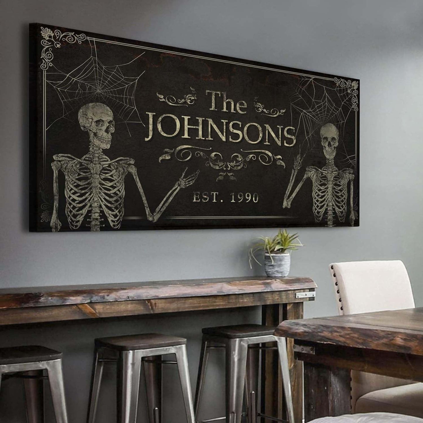 Tailored Canvases Gothic Family Wall Decor - Personalized Grunge Vintage Skeleton Room Decor for Home, Halloween Lovers, Men & Women for Bedroom, Living Room - Goth Spooky, Custom Couple Name, 48"x16"