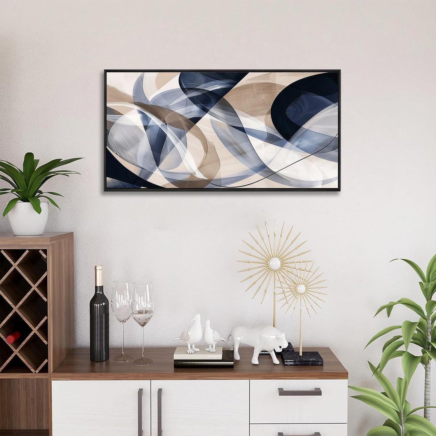 Modern Geometric Abstract Canvas Wall Art 48 x 24 inches Navy Blue and Beige Tones Canvas Painting Framed Home Artwork Living Room Decor for Bedroom Office Wall Decor