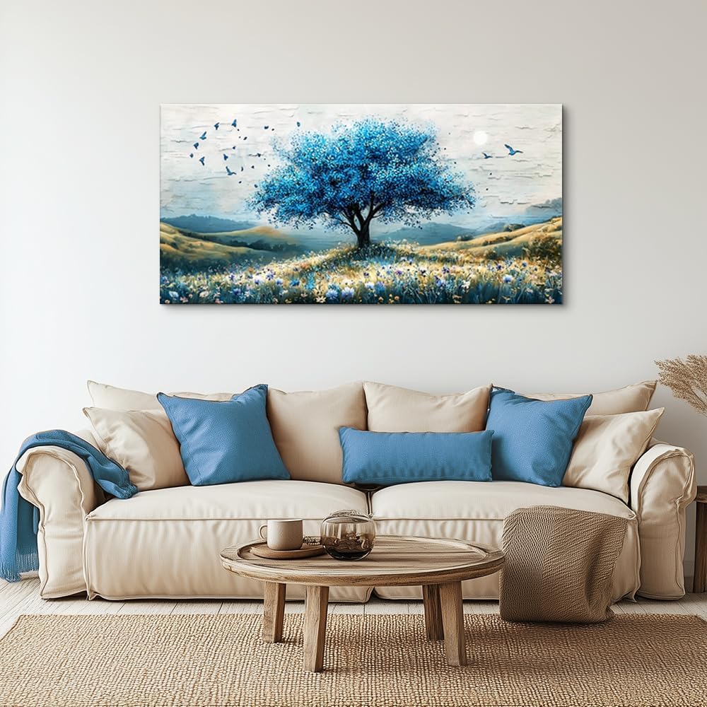 ZUITINGHUA Large Wall Decor For Living Room Canvas Wall Art For Office Modern Wall Decorations For Bedroom The Blue Tree Landscape Painting Farmhouse Pictures Artwork Room Home Decor 24x48 In