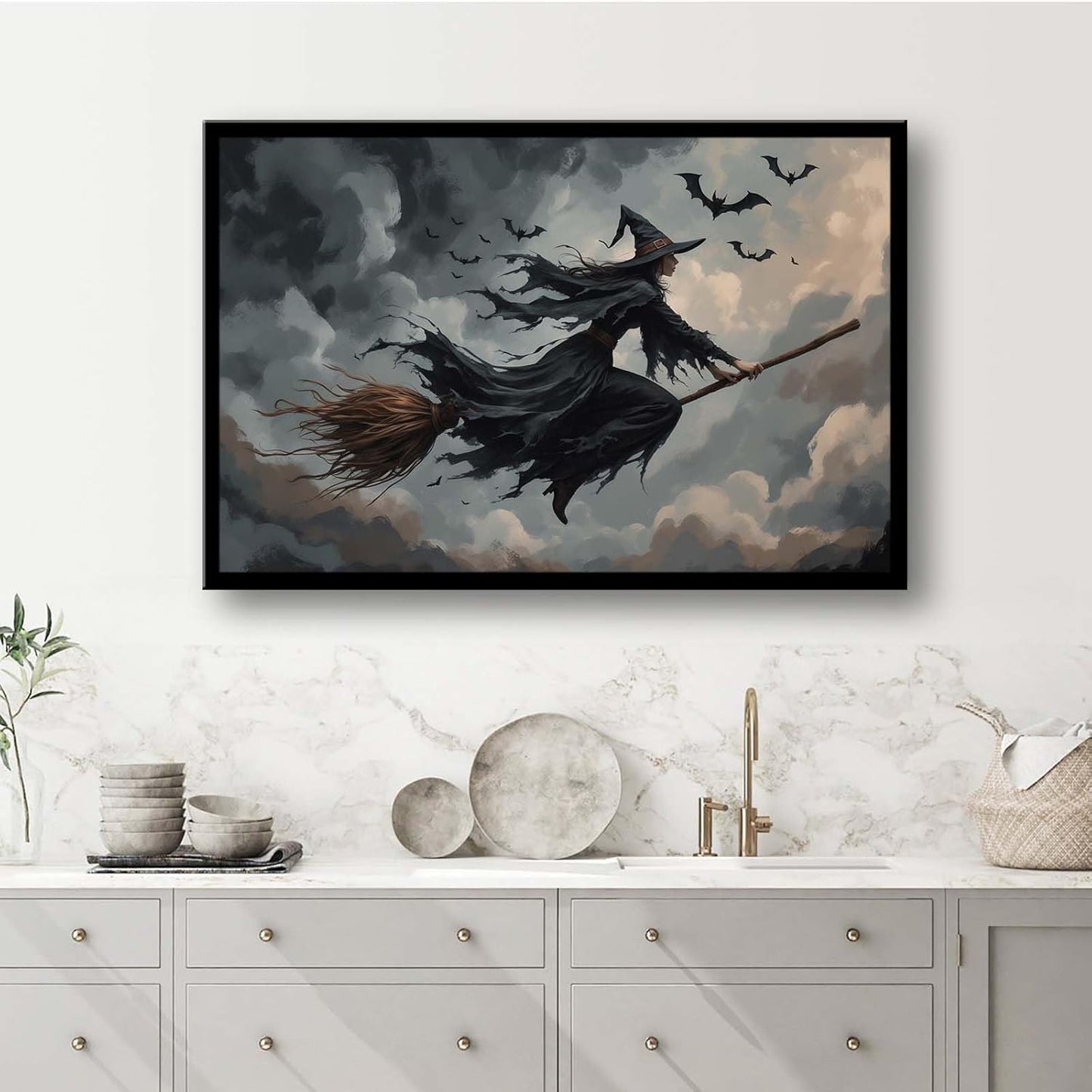 JFHCQJPK Witch and bat flying Halloween poster suitable for home party wall decoration retro Halloween preppy style wall art canvas print suitable for room decoration20x30in Metal blackFramed