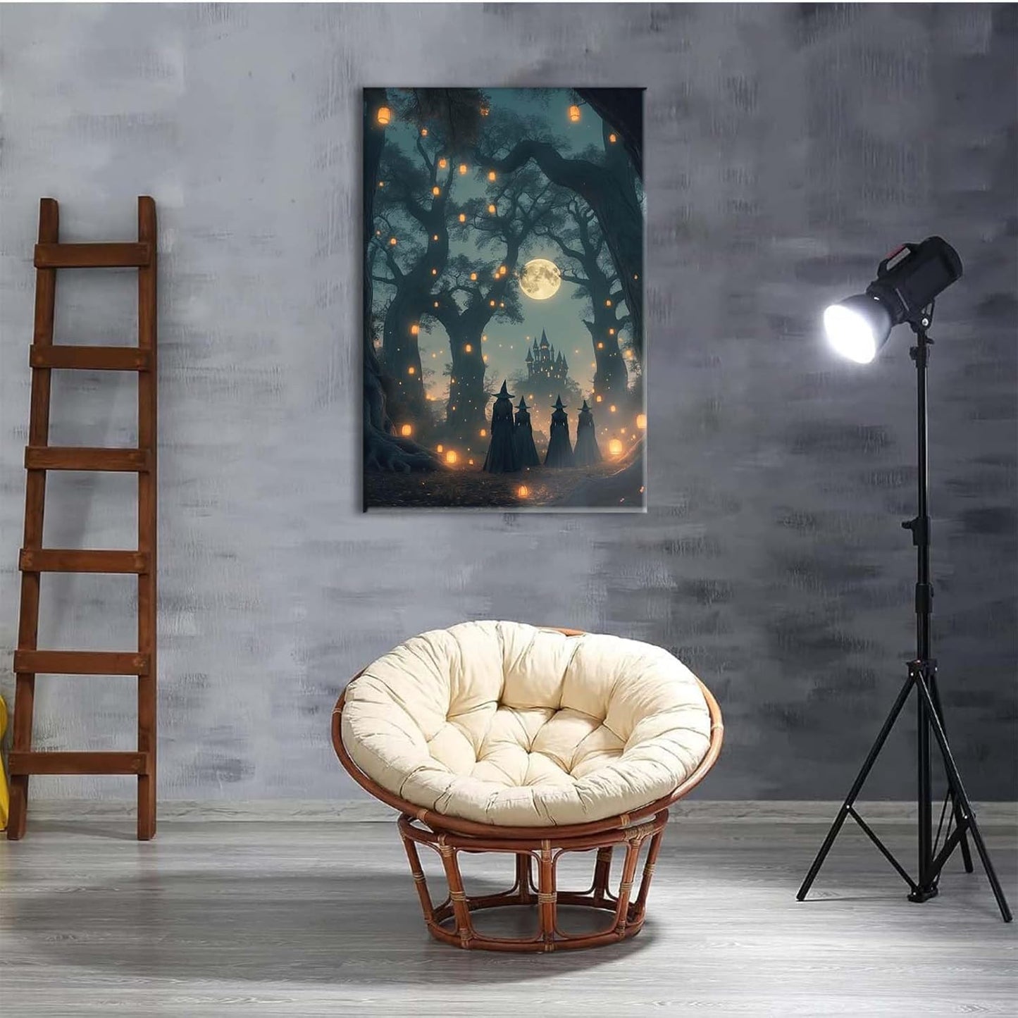 JFHCQJPK Mysterious creek painting witch and castle in magic forest art print canvas gothic print dark college decoration poster for home bedroom16x24in Frameless