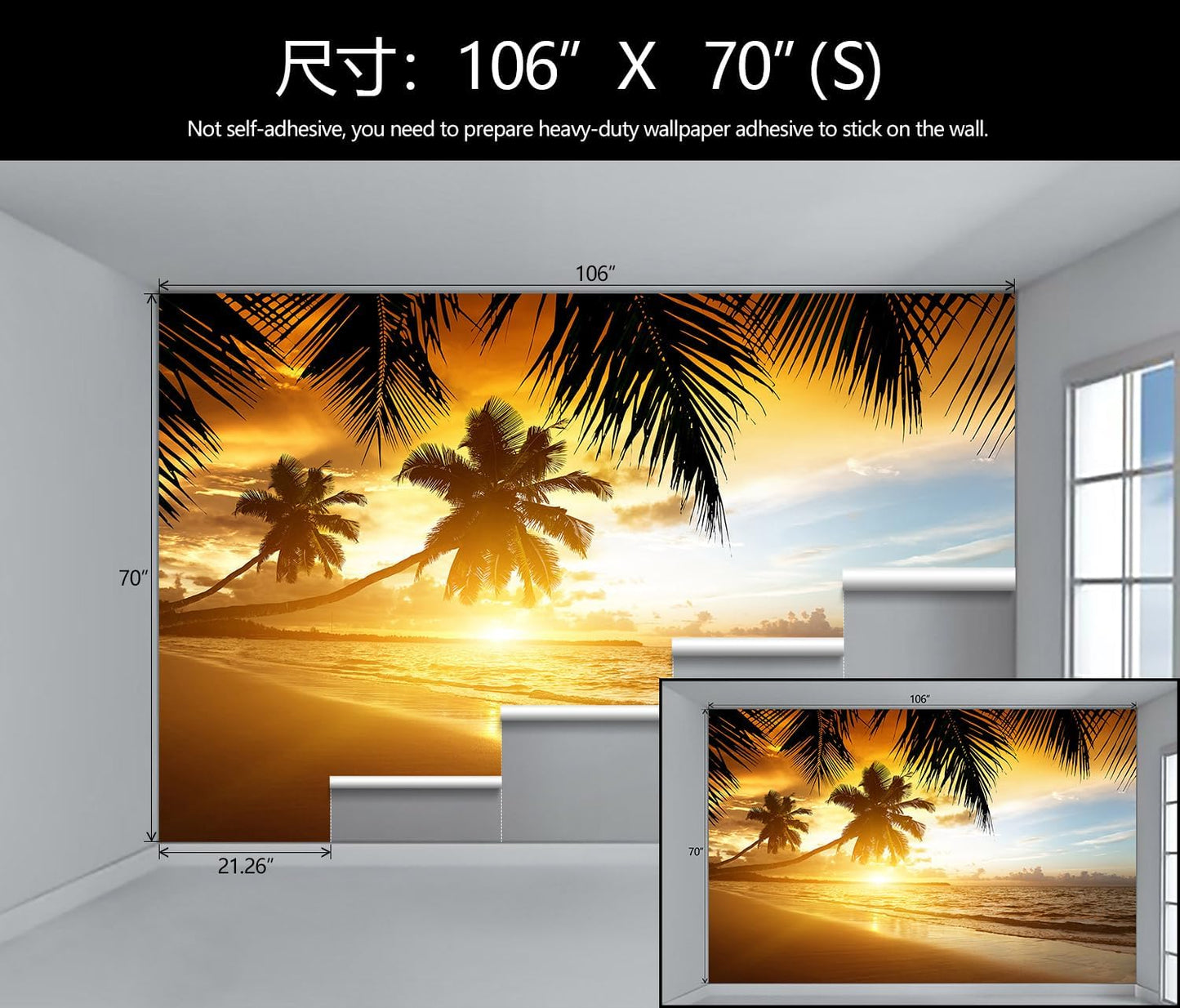 WFBHUA-Tropical Beach Wallpaper Dusk Waves Palm Tree Leaf Coconut Tree Wall Mural for Living Room Bedroom (Not Peel and Stick)