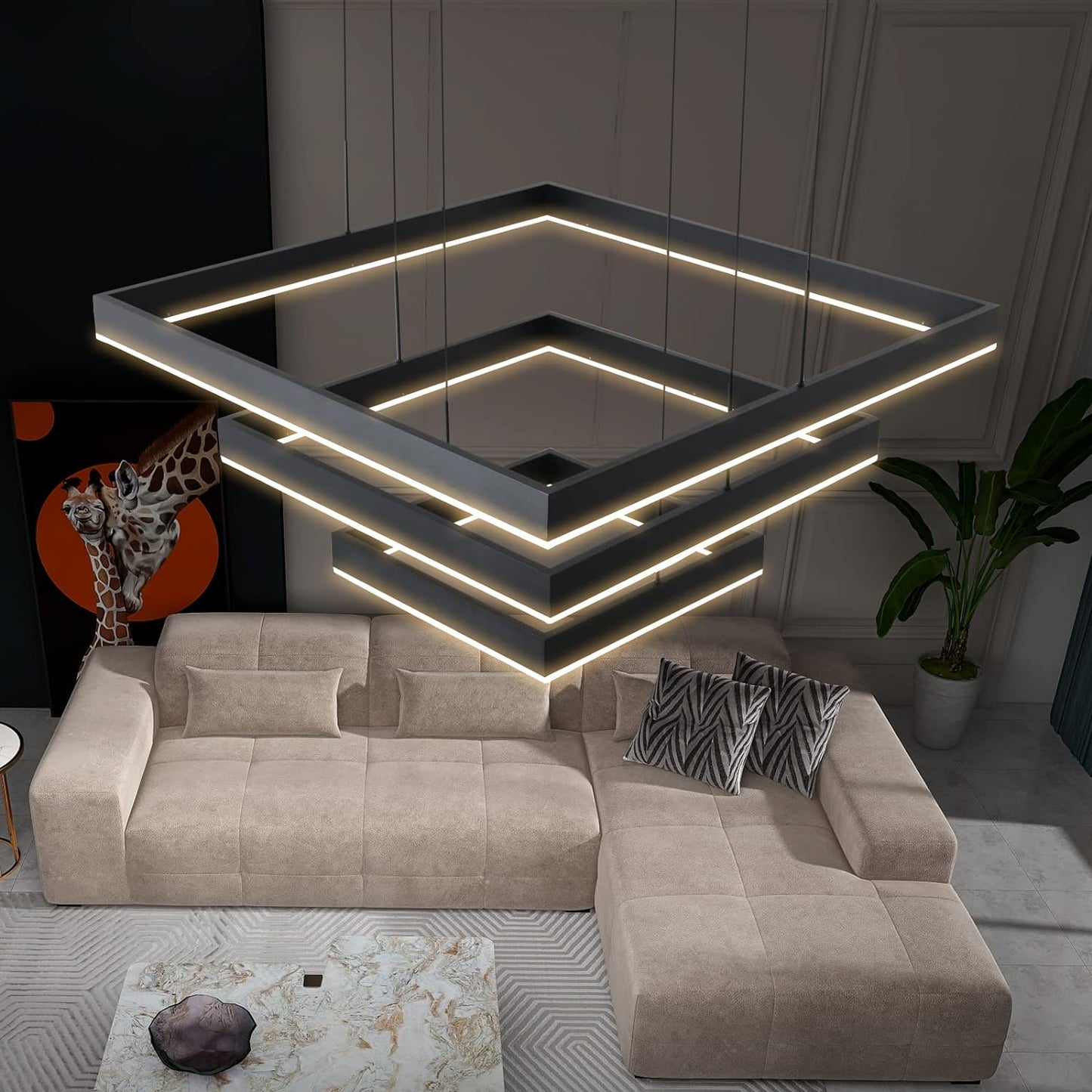 Modern LED Square Chandelier, 3 Ring Dimmable for Living, Dining, Bedroom & Foyer - High Ceiling Hanging LED Pendant Light Fixture (Black)