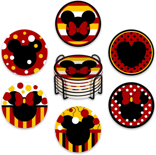 Cute Drink Coasters with Holder Set of 6, Red Yellow Absorbent Ceramic Cup Mat for Coffee Table Protection, 4 Inch Polka Dot Stripes Home Kitchen Decor Housewarming Gifts