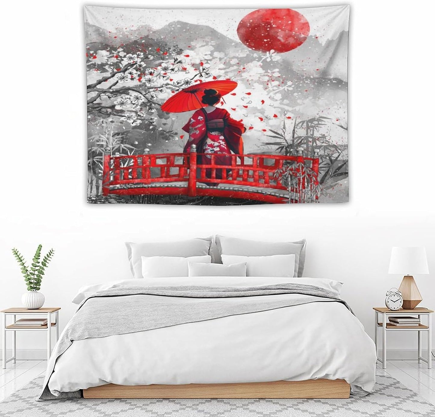 Japanese Red Geisha Tapestry Asian Cherry Blossom Red Sun Traditional Kimono Folk Tapestries Home Decor for Living Room Bedroom Apartment Farmhouse Dorm 40"x30"