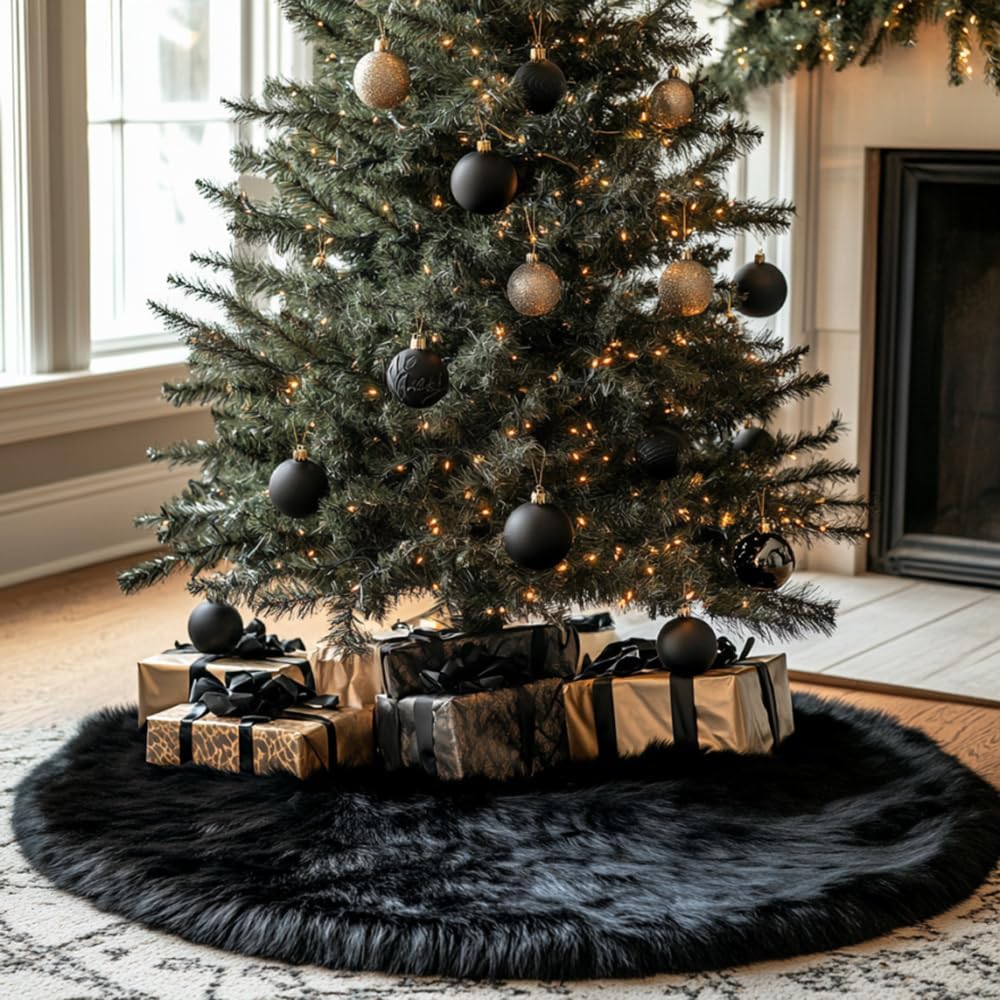 AOGU 72 Inch Faux Fur Christmas Tree Skirt Black Plush Skirt for Merry Christmas Party Christmas Tree Decoration
