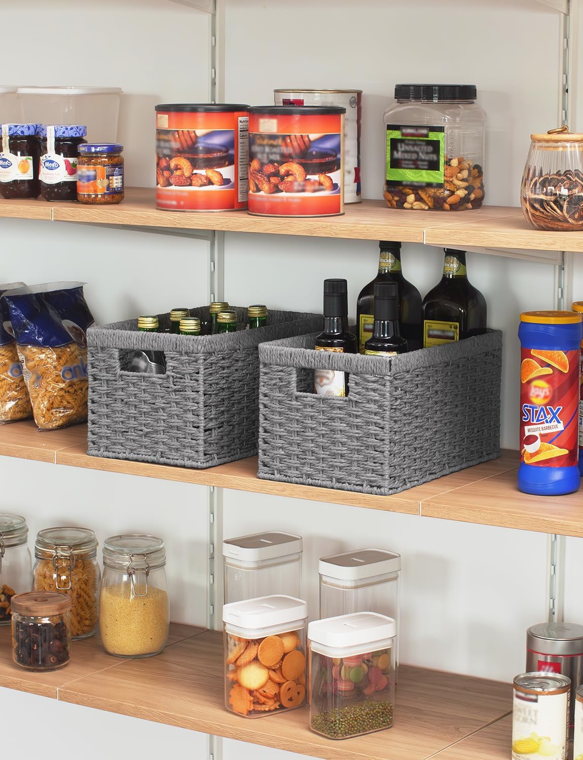 StorageWorks Round Paper Rope Storage Baskets, Rectangular Wicker Baskets with Built-in Handles, Gray, 2-Pack