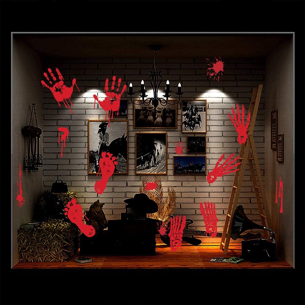Halloween Bloody Handprint Footprint Window Stickers Wall Stickers for Halloween Party Decorations Inside Outside Decor Come with Plastic Scraper Tools 2pcs