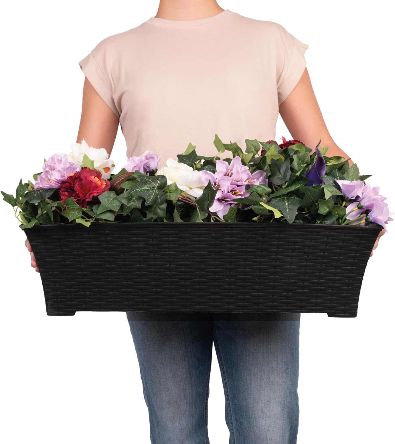 Elly Décor Set of 2 24x8 Rectangular Modern, Resistant and Self Watering Planter with Rattan-Like Finish, 24", Gray