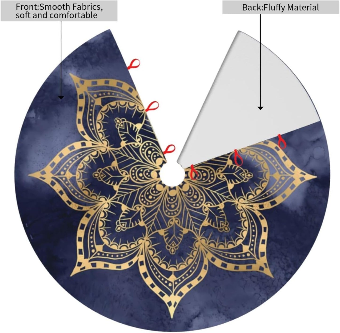 36" Large Christmas Tree Skirt, Boho Mandala Gold Navy Blue Ink Texture Round Cushion Pattern Tree Mat Base Cover for Xmas Festive Holiday Party Decoration Ornaments