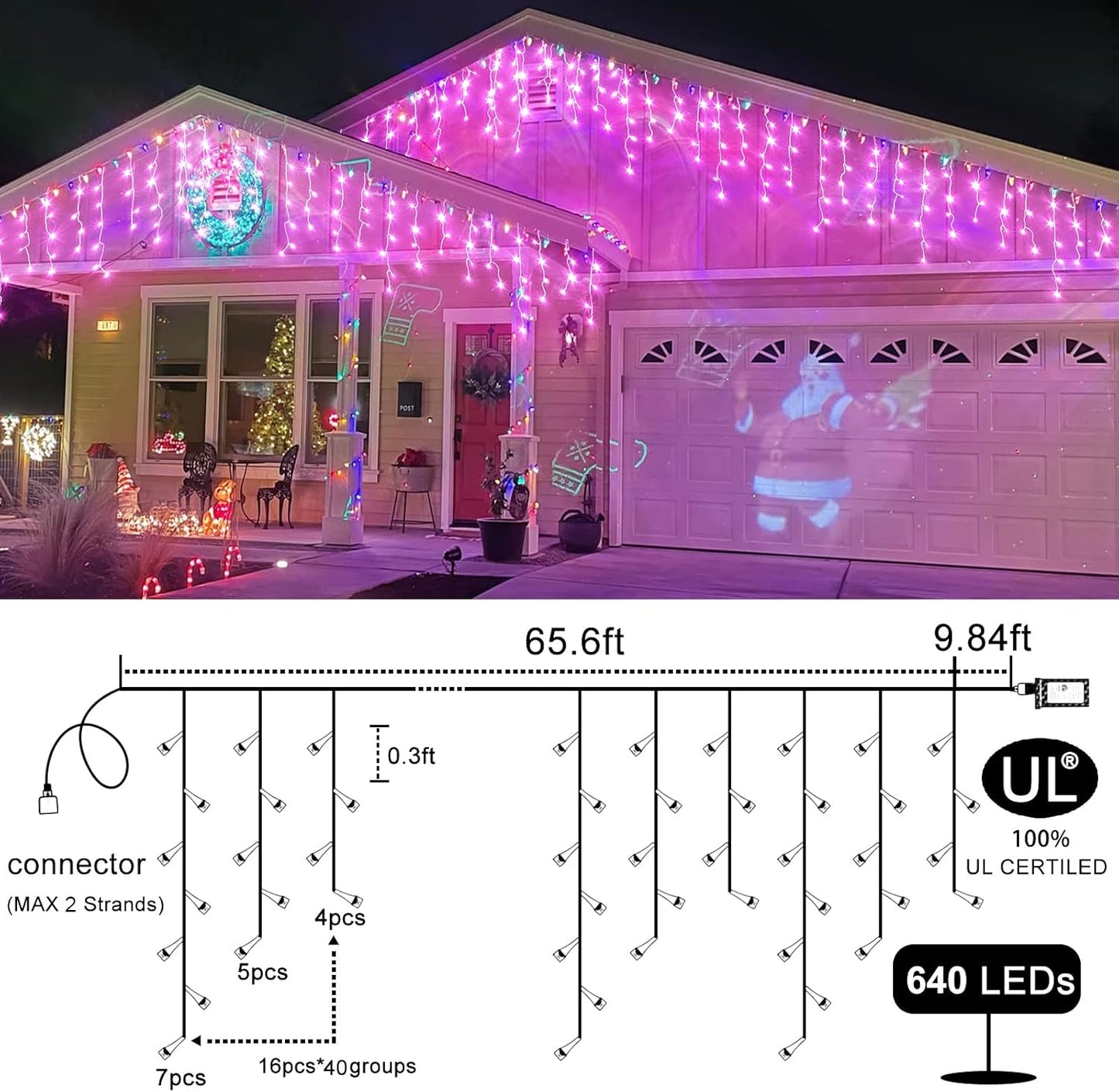 Icicle Christmas Lights Outdoor 66ft 640 LED Pink Christmas Lights for Outside 8 Modes with 120 Drops, Waterproof Icicle Light Plug in for Indoor Party House Christmas Decorations
