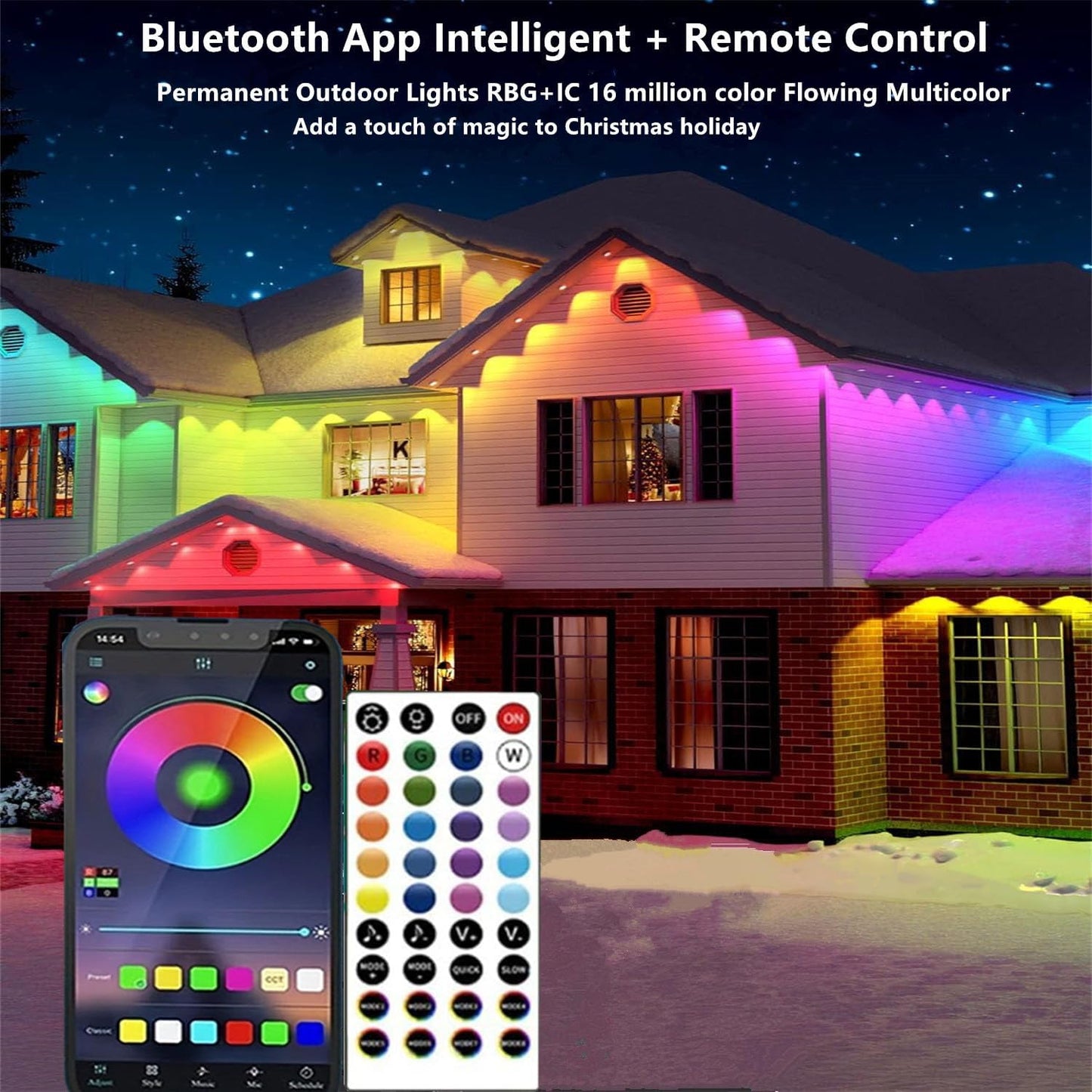Permanent Outdoor Lights,50ft RGB + IC Smart LED Eaves Lights with App & Remote Control, IP67 Waterproof,for Christmas and All Holiday Decor,Daily and Accent Lighting,House Roof and Garden Lighting