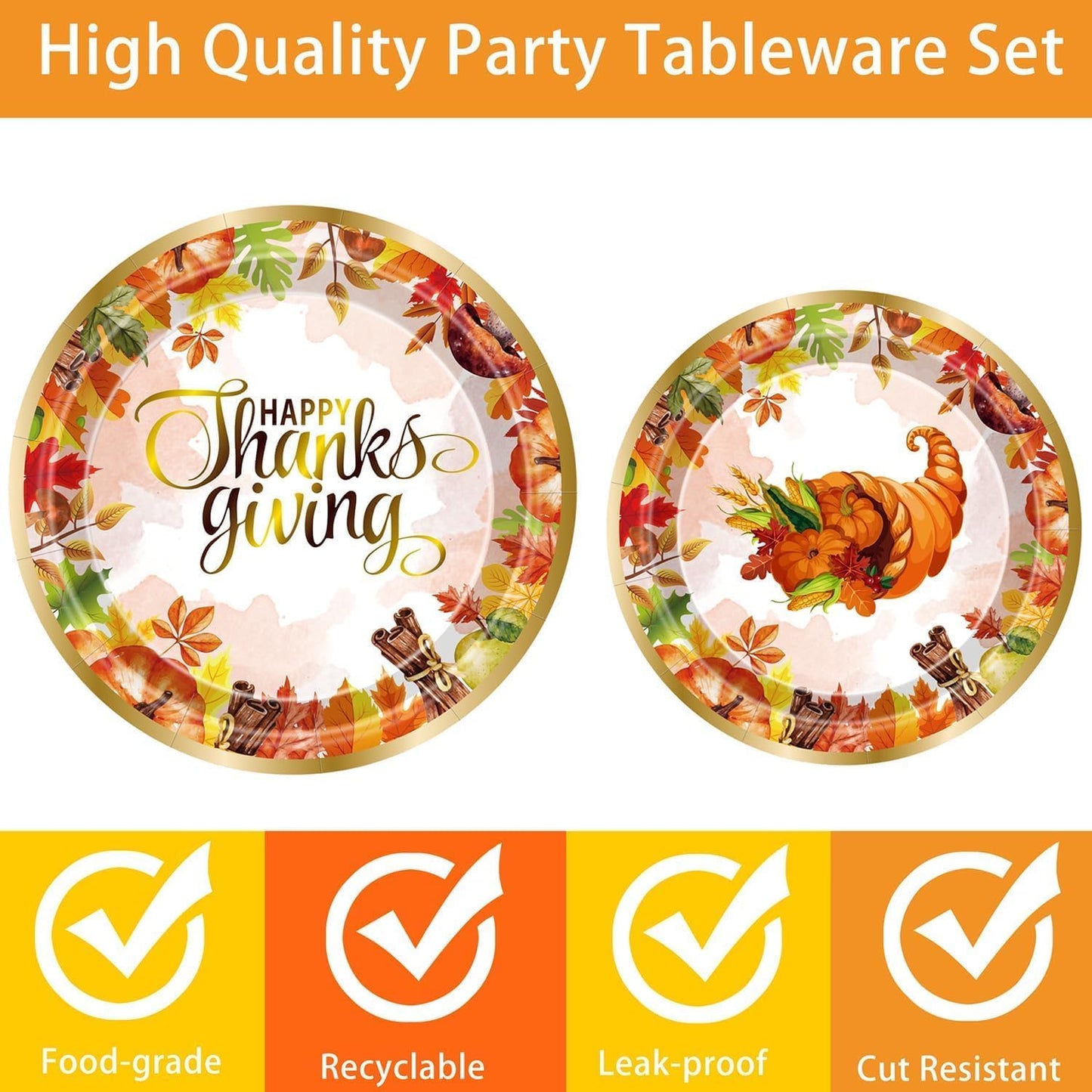 Thanksgiving Party Decorations Fall Party Supplies 96 PCS Fall Thanksgiving Disposable Dinnerware Set with Maple Leaves Gold Paper Plates Napkins and Forks for Harvest Celebrations