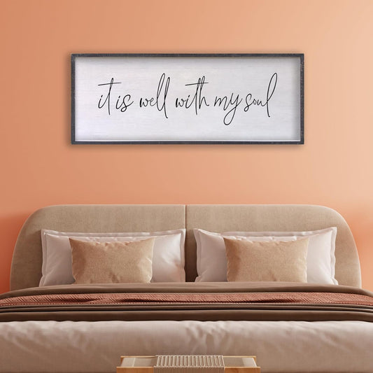 It Is Well With My Soul Wall Decor 32"x12" Bible Verse Christian Scripture Wood Framed Art Sign for Master Bedroom Living Room(Black)