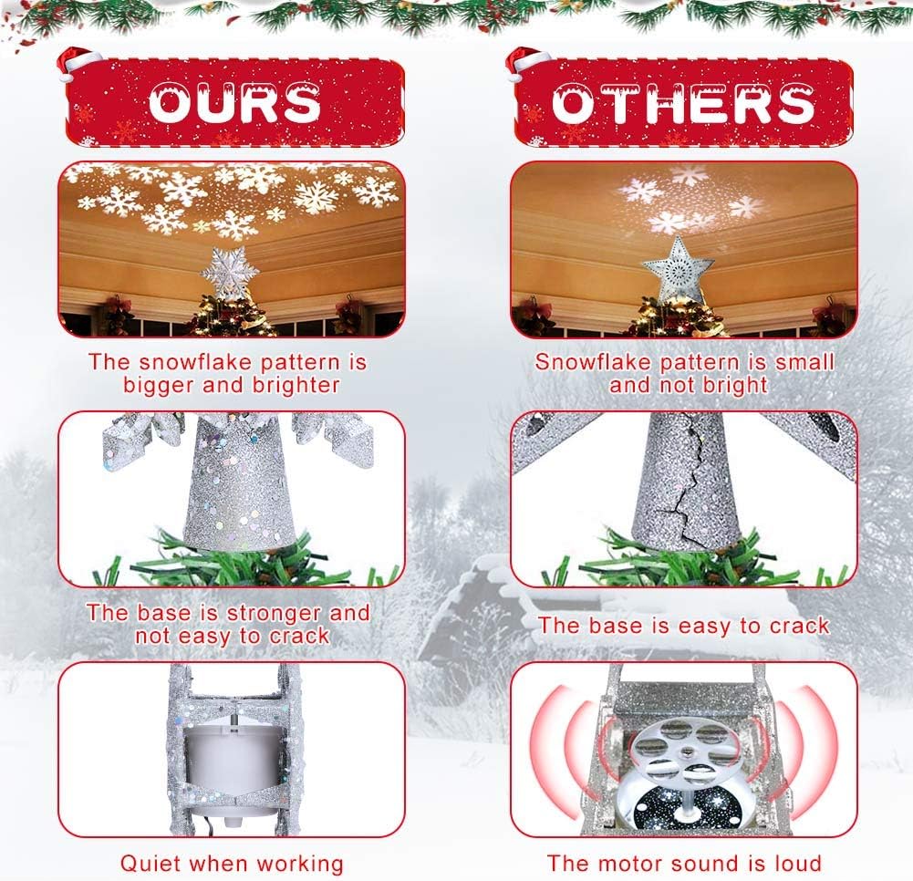 OurWarm Christmas Tree Topper Lighted with LED Rotating Silver Snowflake Decorations Projector Silver Snow Tree Topper Night Light Projector for Indoor Outdoor Christmas Tree Decorations