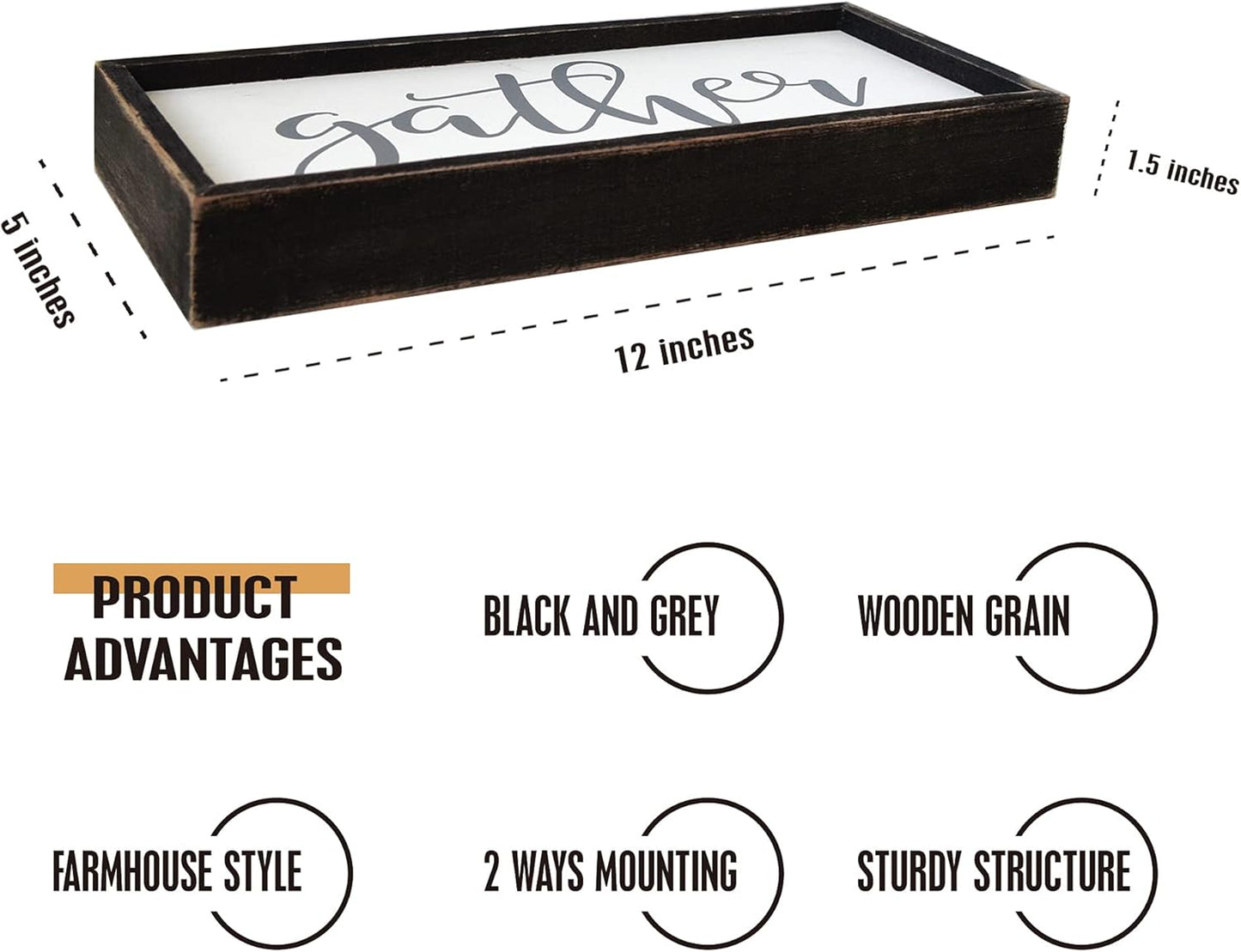 Gather Sign for Home Decor in Grey - Farmhouse Kitchen Dining Room Wall Decor - Rustic Wall Decoration Solid Wood Thick Black Frame 12x5 Inches