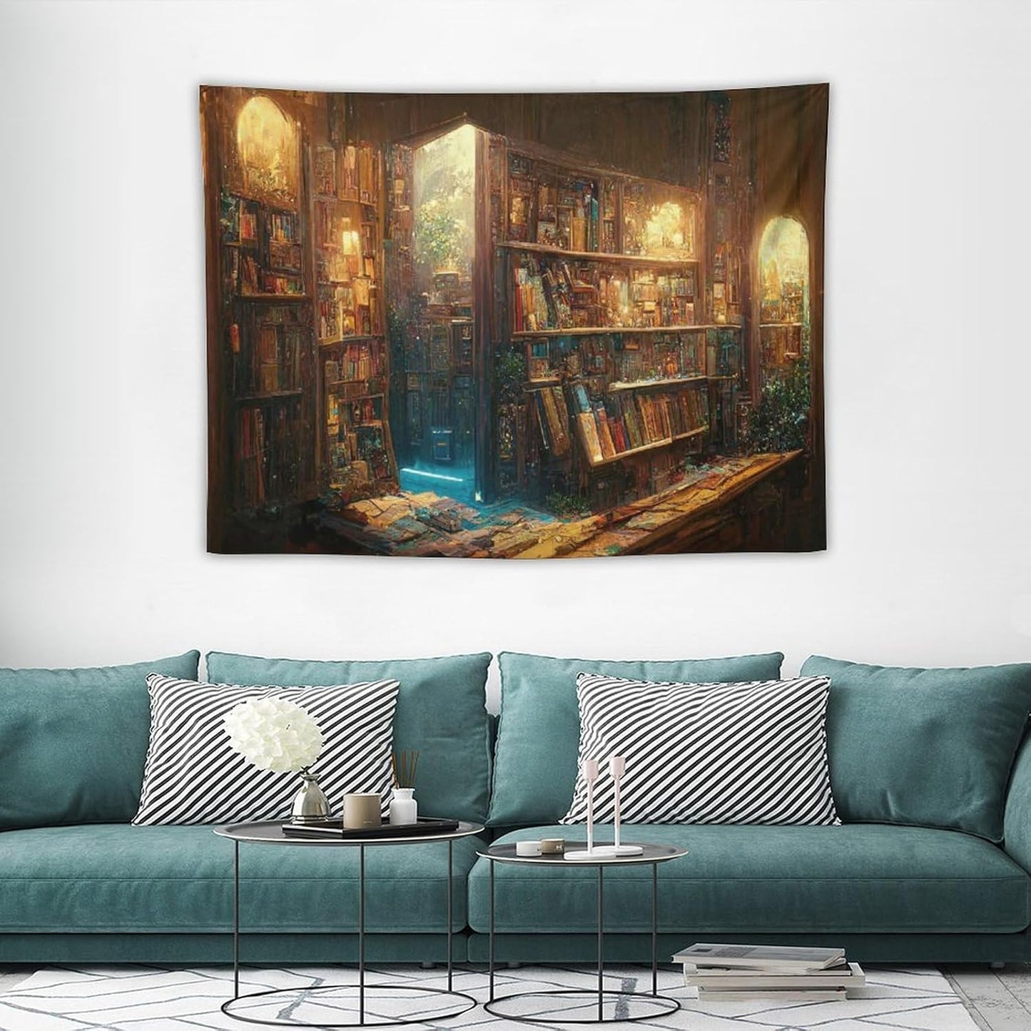 Kurtect Bookshelf Tapestry,Vintage Style Library Watercolor Art Theme Pattern Print Tapestries for Party Beach Picnic Blankets Tablecloths Living Room Wall Deocr, 30x40 in