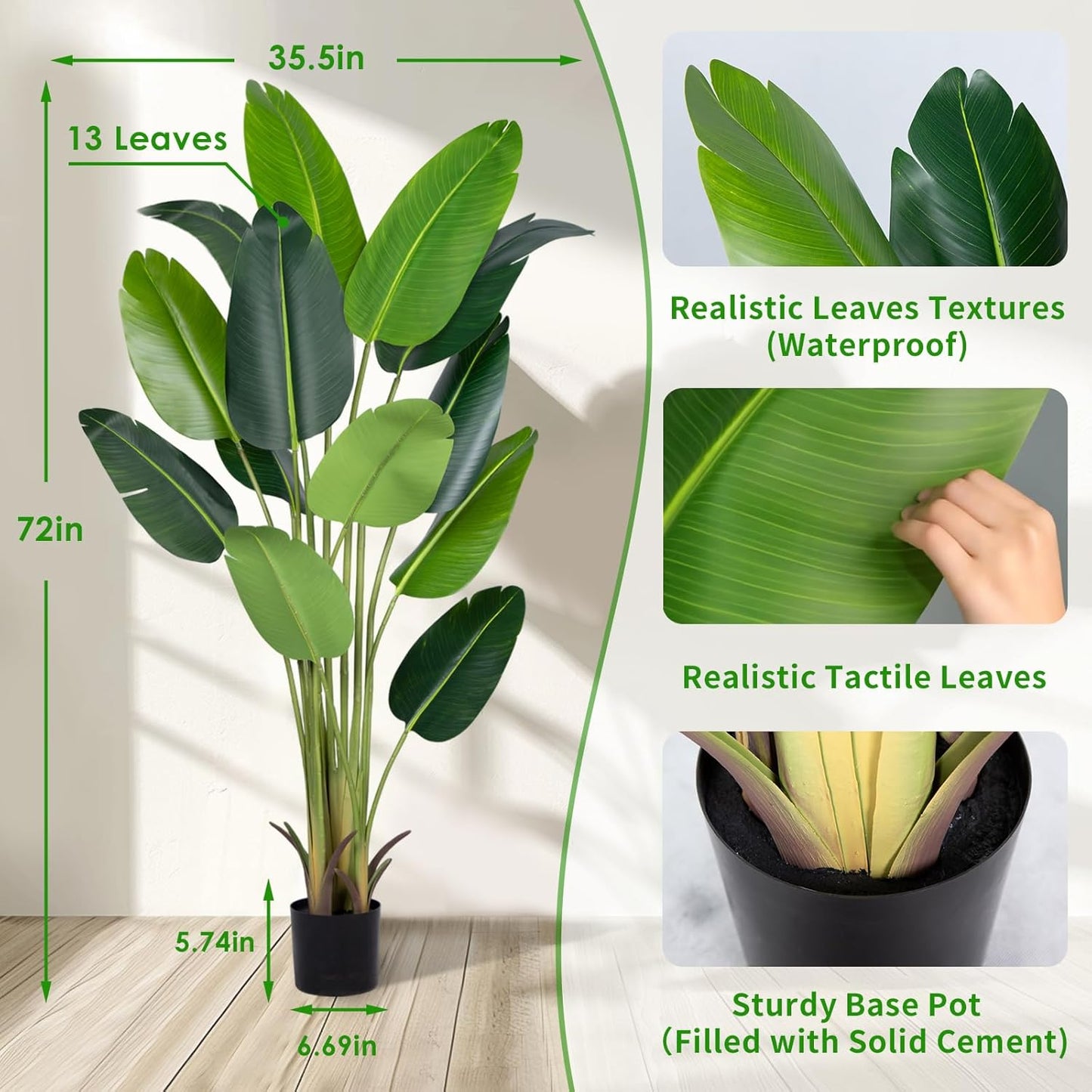 Artificial Bird of Paradise Plant 6Ft Fake Tropical Palm Tree with 13Trunks Faux Banana Leaf Trees in Pot for Home Indoor Outdoor Office Modern Decor Housewarming Gift