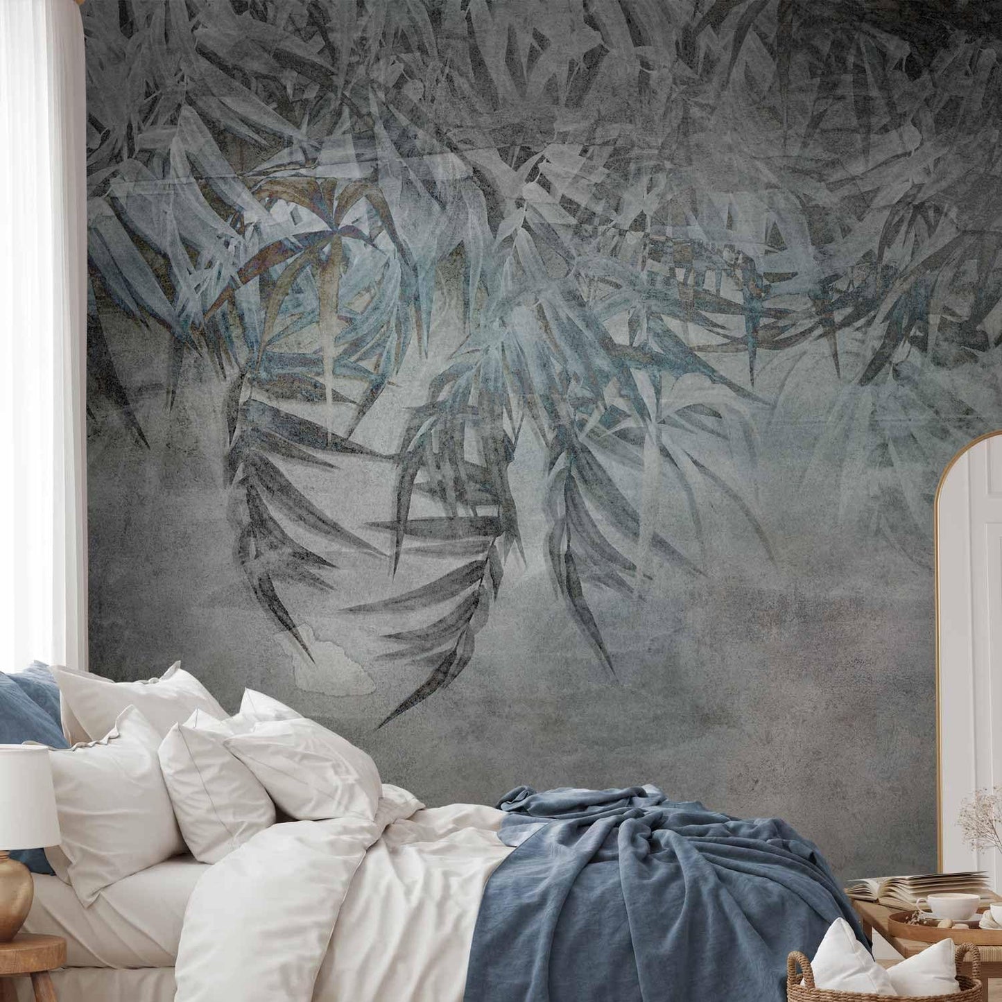 artgeist Premium Wall Mural Leaves 79x55 in - XXL Non-Woven Wallpaper Fleece Wall Decor Photo Print Picture Image Design Palm Leaves Concrete Nature Grey b-C-10103-a-a