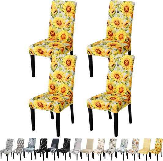 JQinHome Pattern Chair Covers for Dining Room Set of 4, High Stretch Removable Washable Parsons Chair Slipcover for Home Party Hotel Wedding Ceremony (Sunflower,4PCS)
