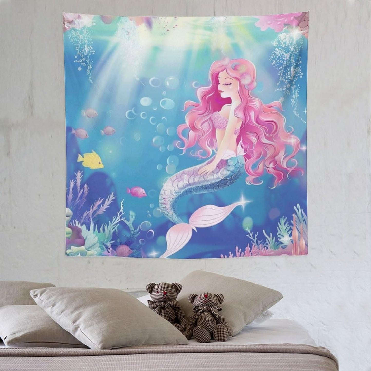 HZOHNAGO Mermaid Girls Tapestry Watercolor Mermaid Princess Pink Hair Pattern for Kids Room Decoration Printed Wall Tapestry Wall Hanging for Bedroom Living Room Dorm 60" W x 60" H