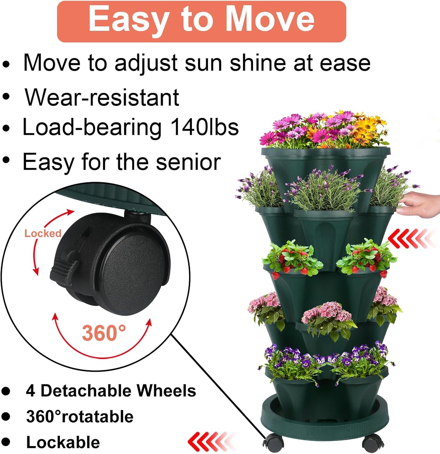 DUNCHATY Stackable Polypropylene Planters, 5-Tier, Pine Green, Indoor/Outdoor, 29" Height x 13.6" Diameter