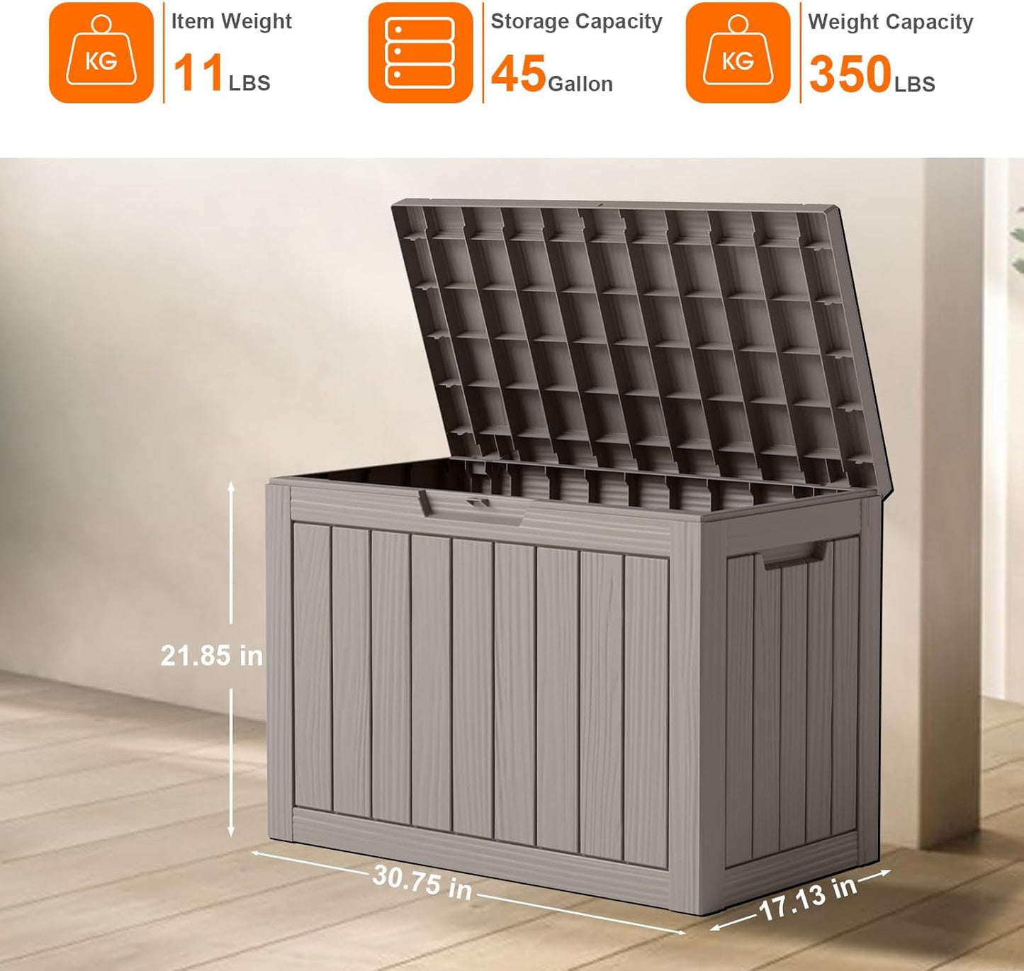 45 Gallon Resin Deck Box, Lockable Patio Outdoor Storage Box for Furniture, Garden Tools and Tools Storage, Waterproof Outside Storage Boxes - Grey