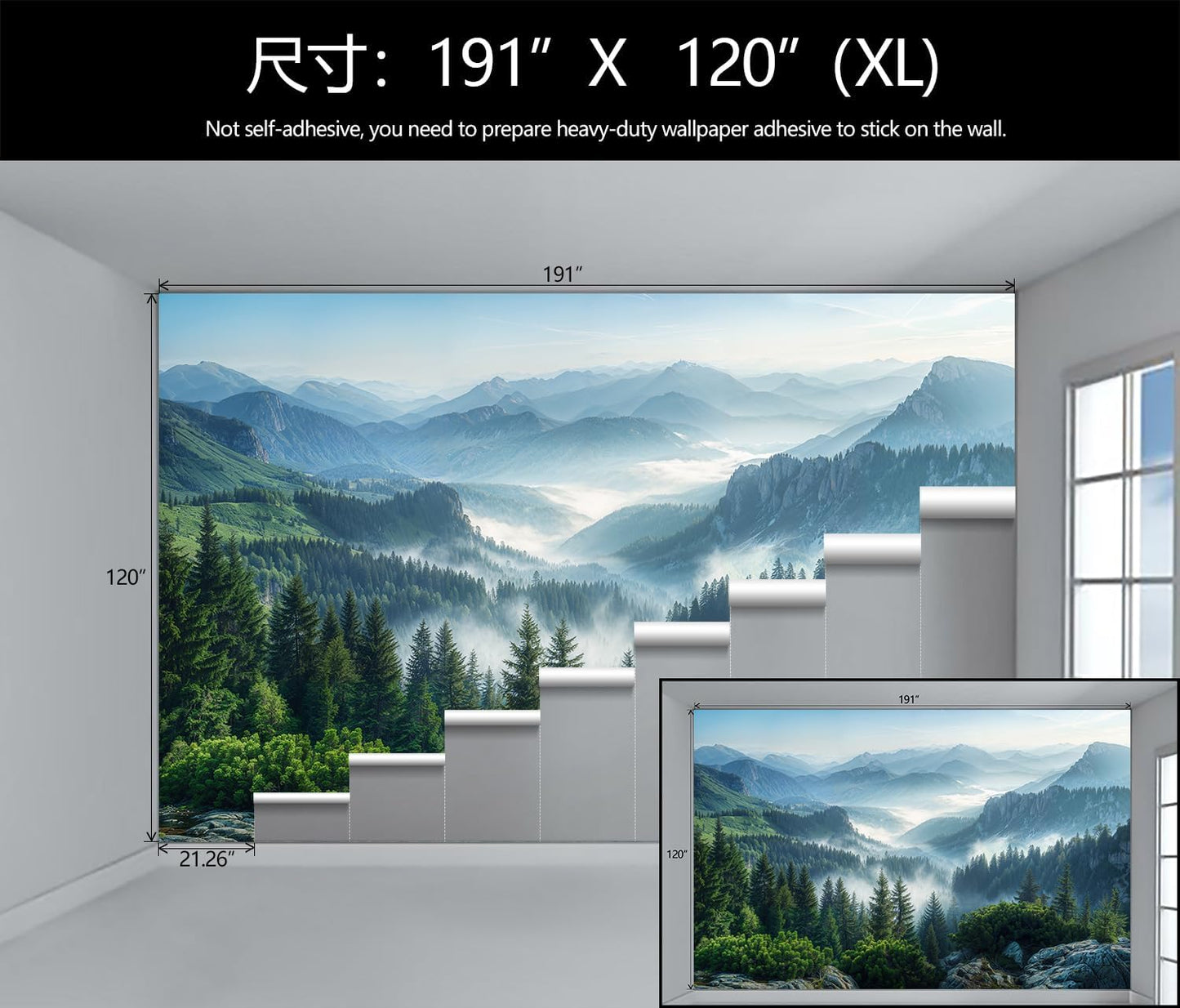 Misty Pine Forest Wallpaper Mountain Peaks Landscape Landscape Wall Mural (Not Peel and Stick)