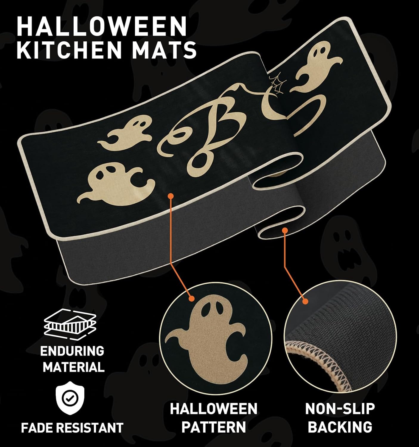 Halloween Kitchen Mat Set of 2, Spooky Spider Web Ghosts Boo Halloween Decor, Halloween Rug for Floor, Indoor Home Decor with Non-Slip Backing,17 x 29 Inch & 17 x 47 Inch