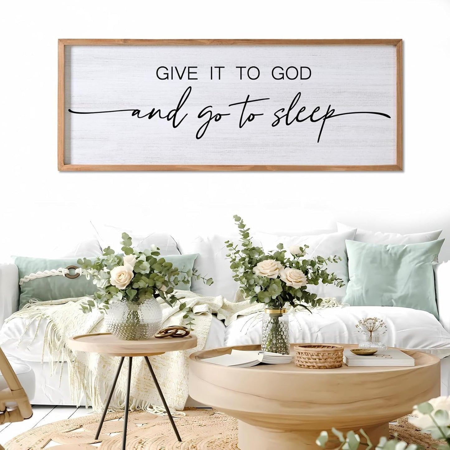 Give It to God and Go to Sleep Decorative Rustic Sign & Plaque Framed Wall Art for Couples, 40''×15'' Vintage Cottagecore Wooden Horizontal Wall Decor Above Bed, Farmhouse Wedding Gift for Bedroom