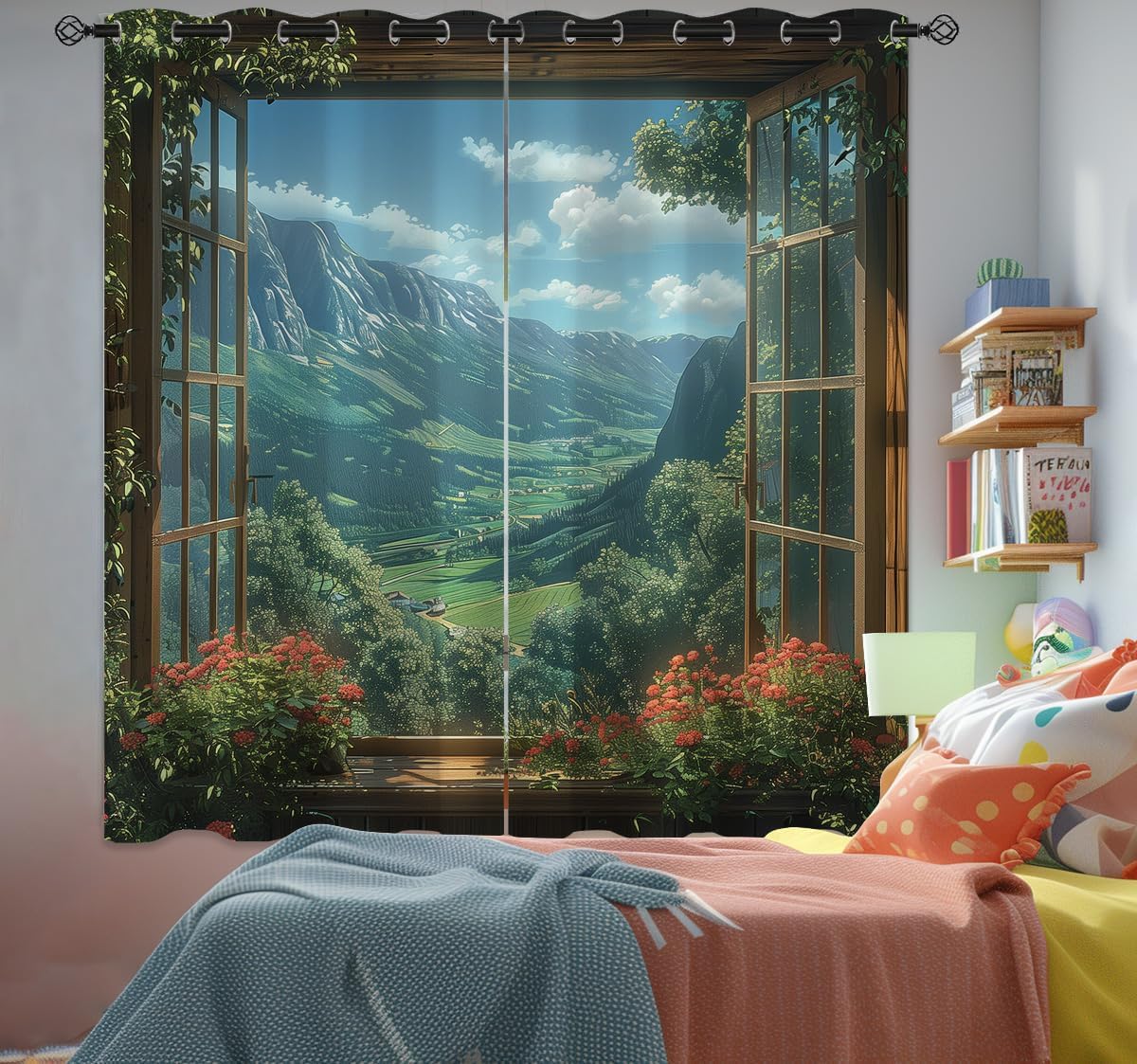 Mountain Blackout Curtains for Girls Boys Teens Home Decor, Spring Sky View Nature Forest Flower Grommet Thermal Insulated Drapes Darkening Window Curtain for Bedroom Living Room, 72 x 63 Inch