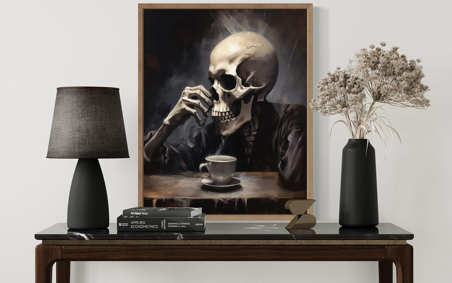 Skull Drinking Coffee Poster Art Print, Halloween Scary Vintage Wall Art Academia Spooky Painting Decoration for Horror Prints, Gothic Posters Bedroom Decor 89 (Skull Drinking Coffee, 16 x 20 inches, Wood Frame)