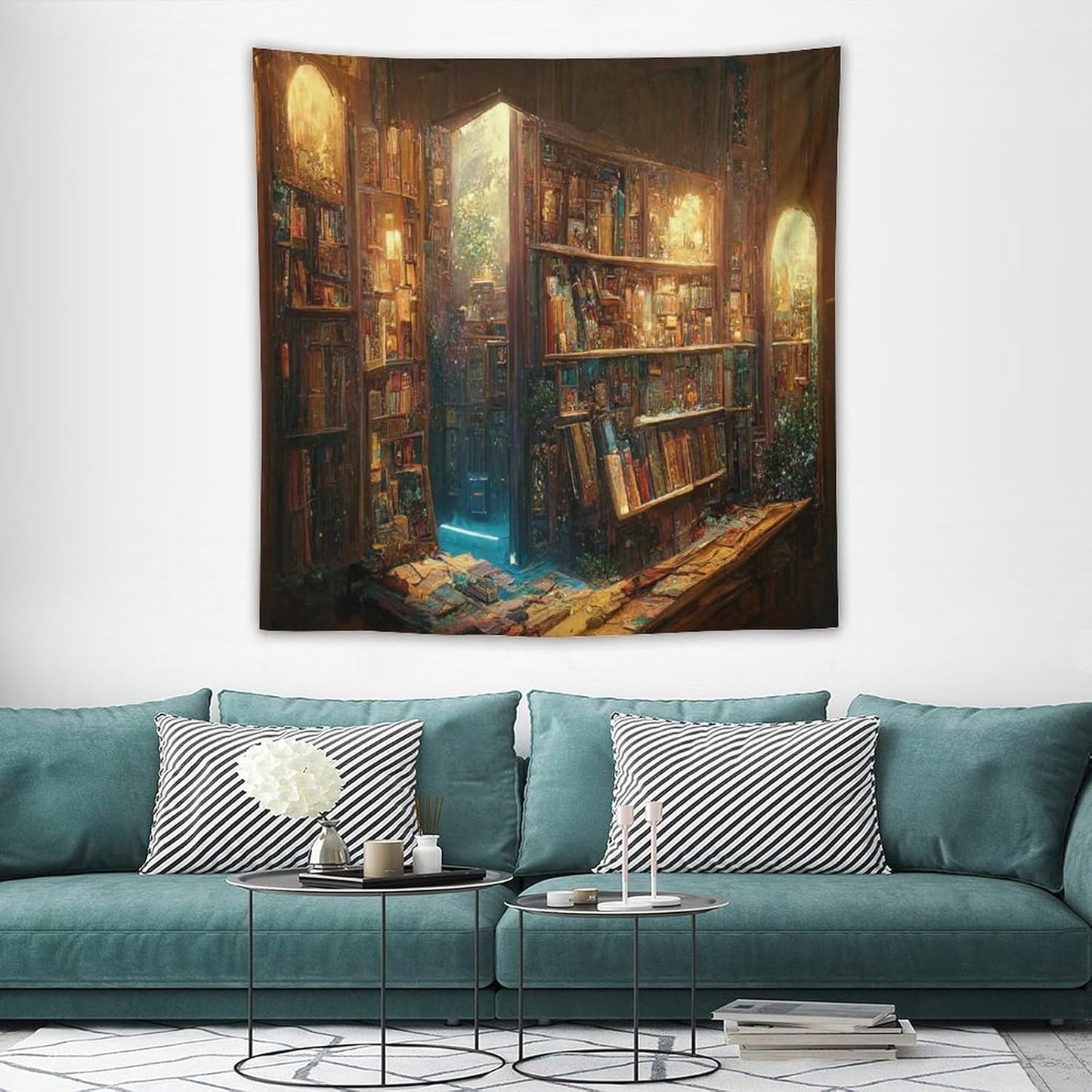 Kurtect Bookshelf Tapestry,Vintage Style Library Watercolor Art Theme Pattern Print Tapestries for Party Beach Picnic Blankets Tablecloths Living Room Wall Deocr, 60x60 in