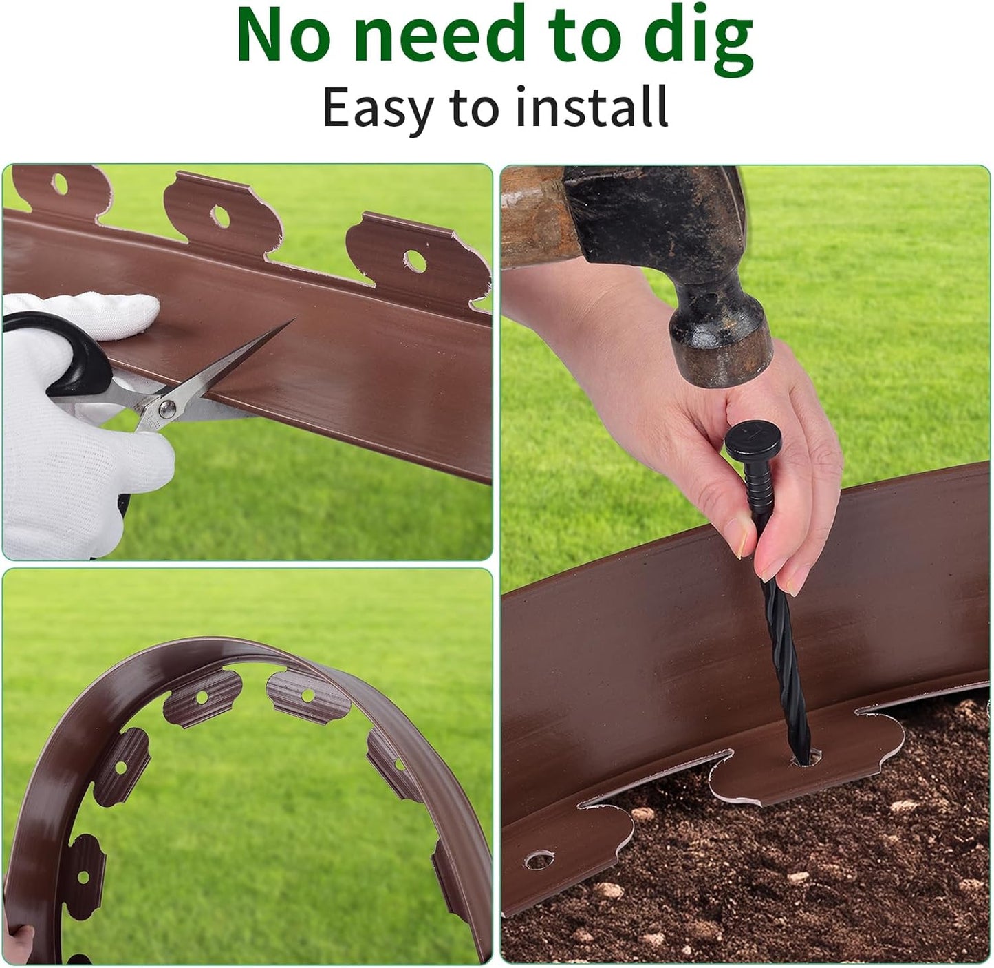 4 in x 100 Ft Garden Landscape Edging, No Dig Garden Edging Border Kit with 184 Pcs Spikes for Flower Bed Lawn Yard Grass Brown
