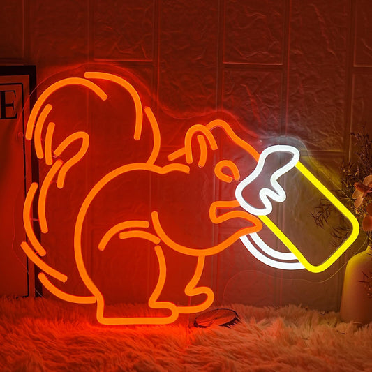 Squirrel Beer Neon Sign for Wall Decor Bar Neon Light Orange Squirrel Drinking Wine Led Light Animal LED Sign Dimmable LED Neon Light for Bar Bedroom Kidsroom Business Game Room