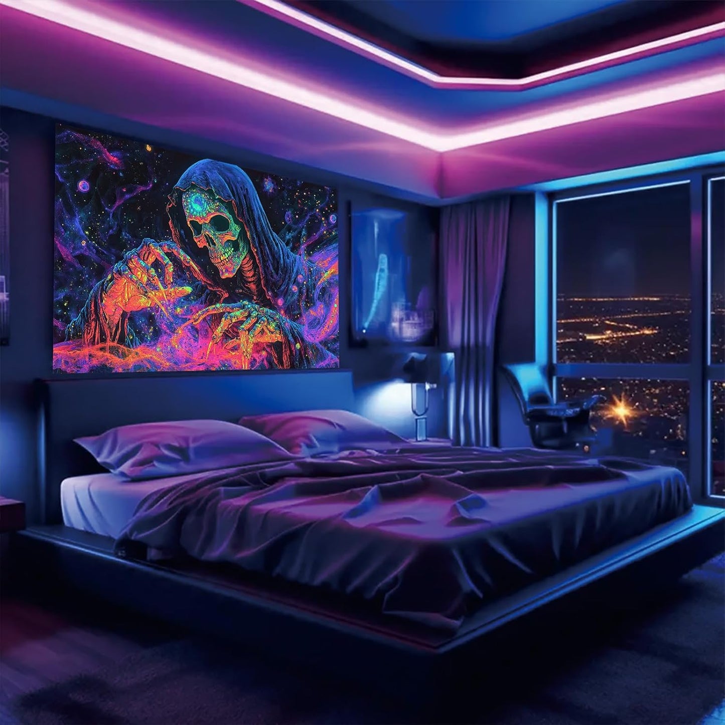 Starlit Patio Blacklight Skull Tapestry Skeleton UV Reactive Glowing Grim Reaper Wall Hanging Trippy Neon Skeleton Art Tapestry for Bedroom Living Room Dorm Aesthetic Gothic Horror Decor 78 x 59 Inch