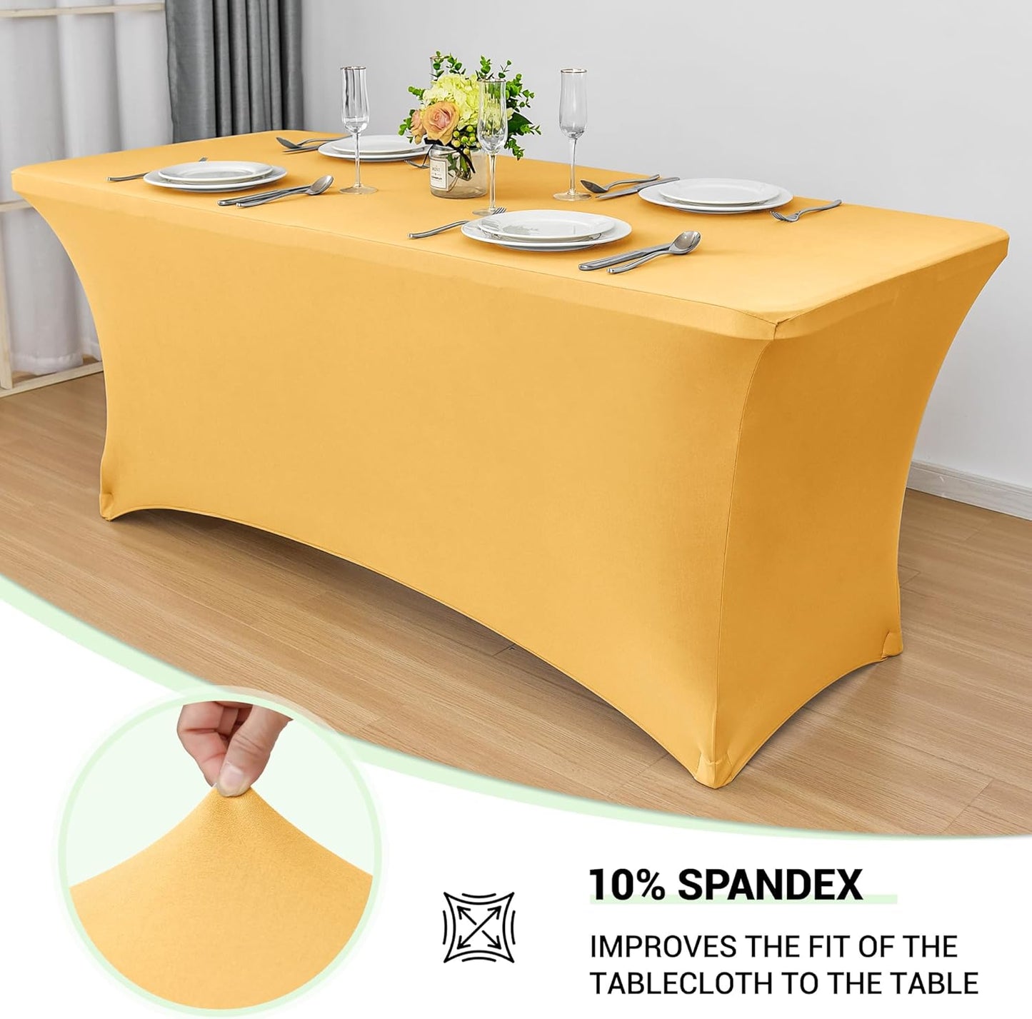 Obstal 8Ft Stretch Spandex Table Cover for Standard Folding Tables - 2 Pack Universal Rectangular Fitted Tablecloth for Party, Banquet, Events, Trade Show (Gold, 96L x 30W x 30H Inches)