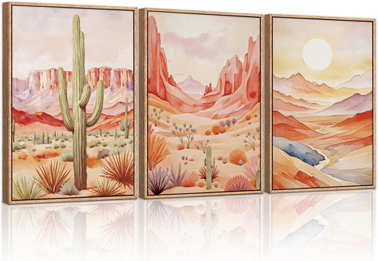 HLNIUC Boho Desert Plant Framed Canvas Wall Art Set,Southwestern Sun Mountain Wall Decor,Cactus Sunset Landscape Wall Painting,Watercolor Abstract Desert Art Prints for Living Room,Bedroom - 16”x24”x3