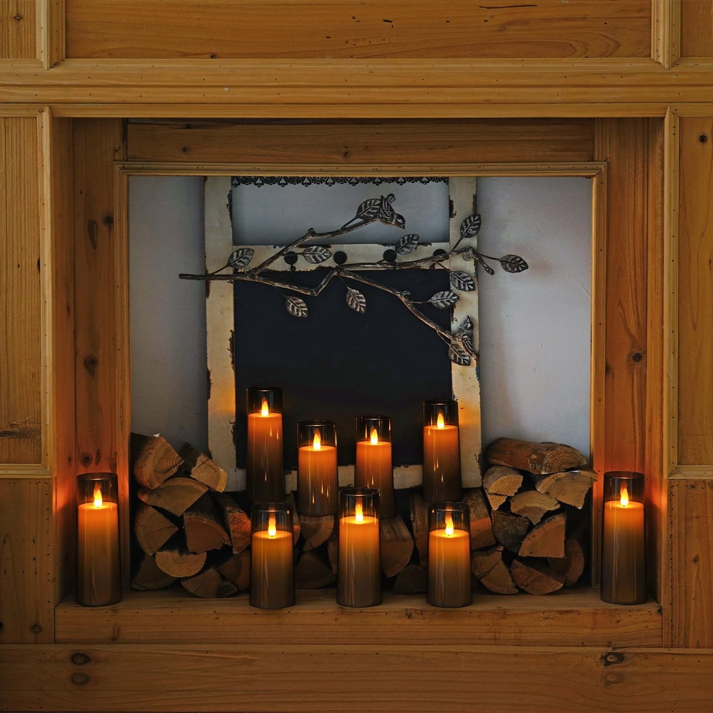 Homemory Decorative Flameless Candles, Battery Operated Candles with Remote & Timer, Flickering Led Pillar Candles, Plexiglass, Grey, Pack of 9, D2.2 xH 5" 6" 7"