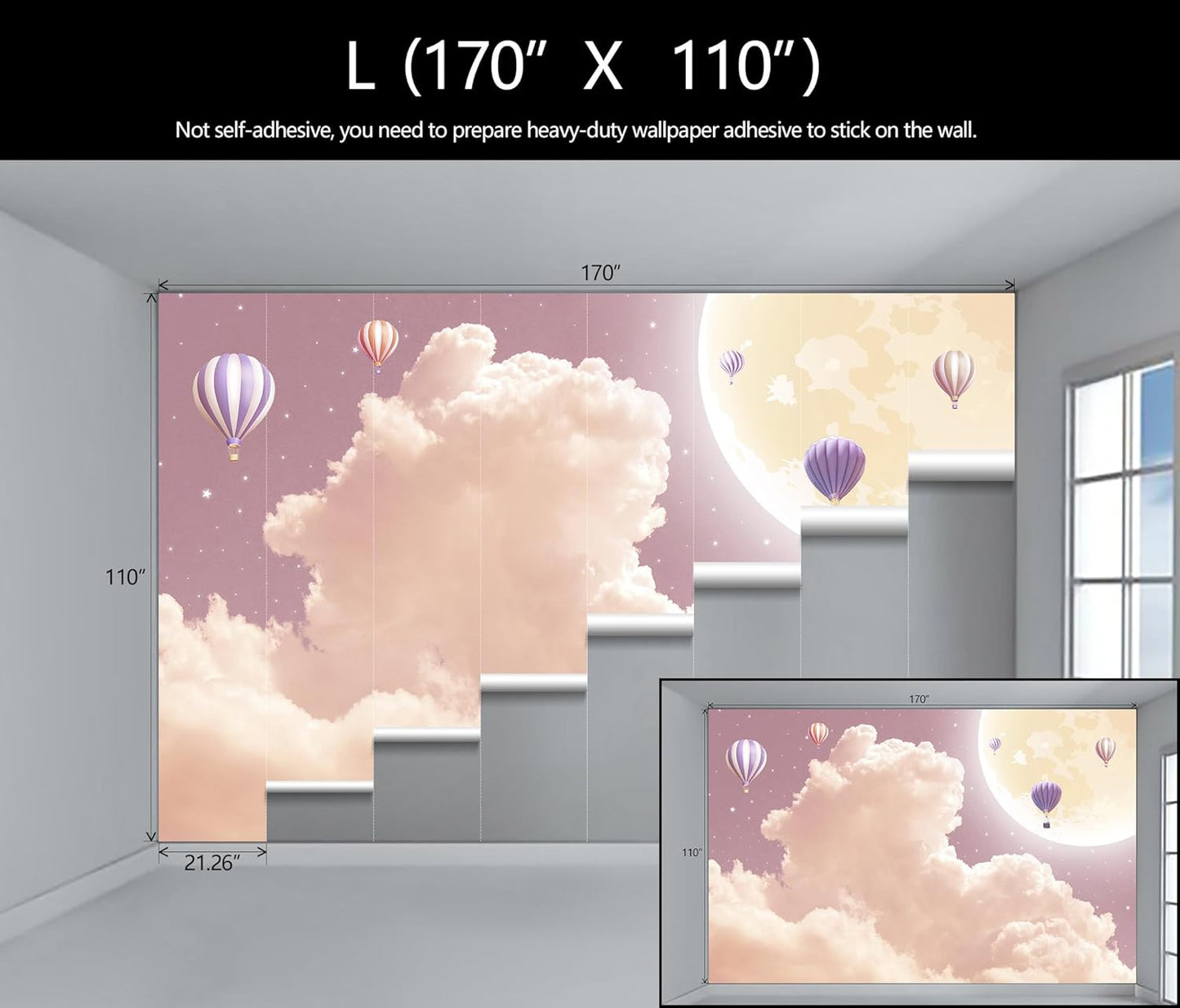 Pink and Purple Clouds Wallpaper Hand-Painted Hot Air Balloons Moon Wall Mural for Children's Room Girls Room (Not Peel and Stick)